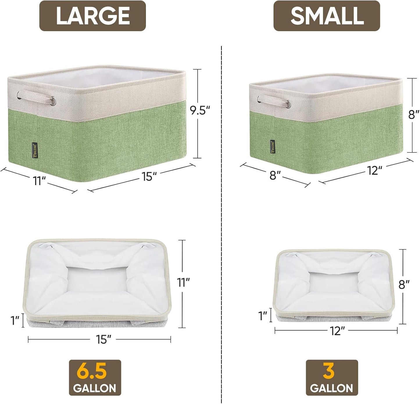 BALEINE 2 Pack Fabric Storage Bins for Shelves, Linen Storage Baskets for Organizing, Decorative Closet Bins for Clothes, Home (Green, 15''x11''x9.5'')