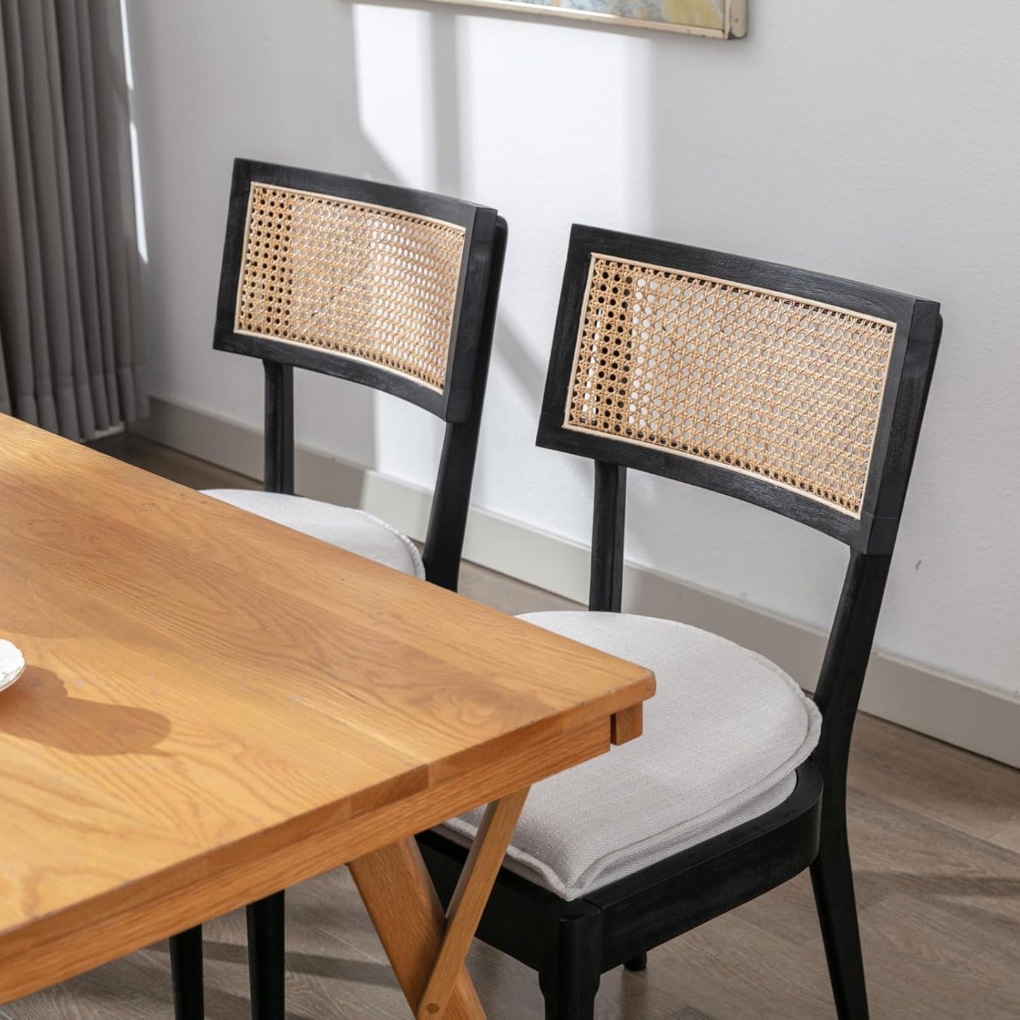 Rattan Dining Chairs Set Of 6 , Mid Century Modern Black Wooden Cane Back Chairs with Removable Linen Cushion , Retro Farmhouse Upholstered Kitchen & Dining Room Chairs for Restaurant Living Room