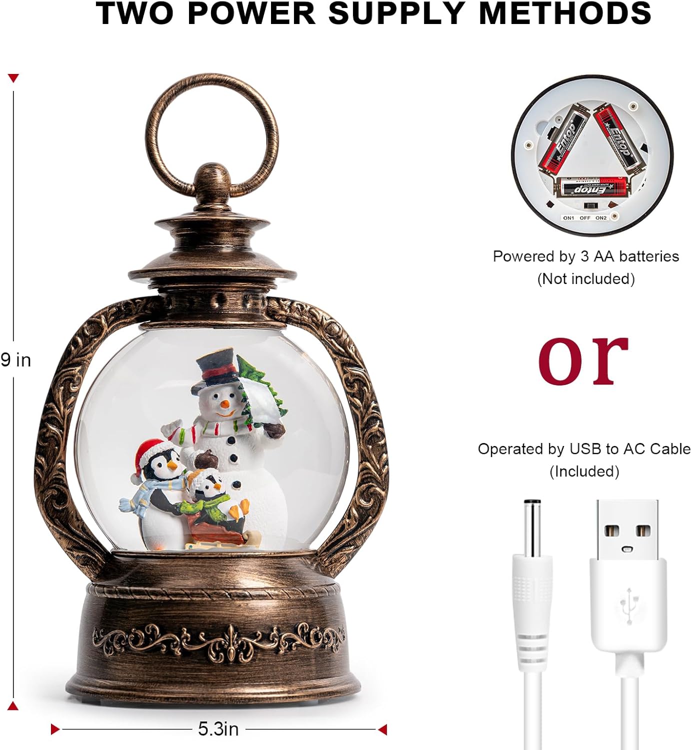 Christmas Snow Globe Lantern Water Glittering Snowman & Penguins with Music & Timer, USB Lined/Battery Operated Lighted Lantern for Christmas Festival Decoration Gifts
