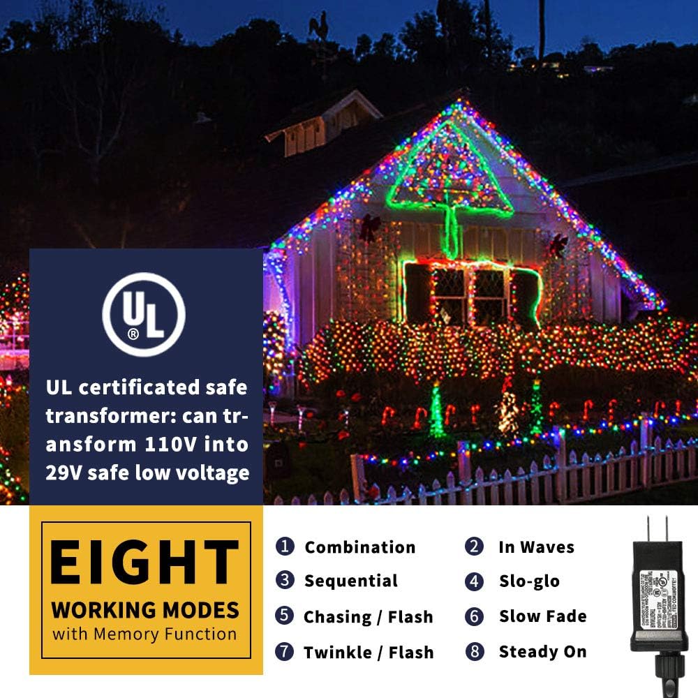 XTF2015 105ft 300 LED Christmas String Lights, End-to-End Plug 8 Modes - UL Certified - Outdoor Indoor Fairy Lights for Tree, Patio, Garden, Party, Wedding, Holiday (Multicolor)