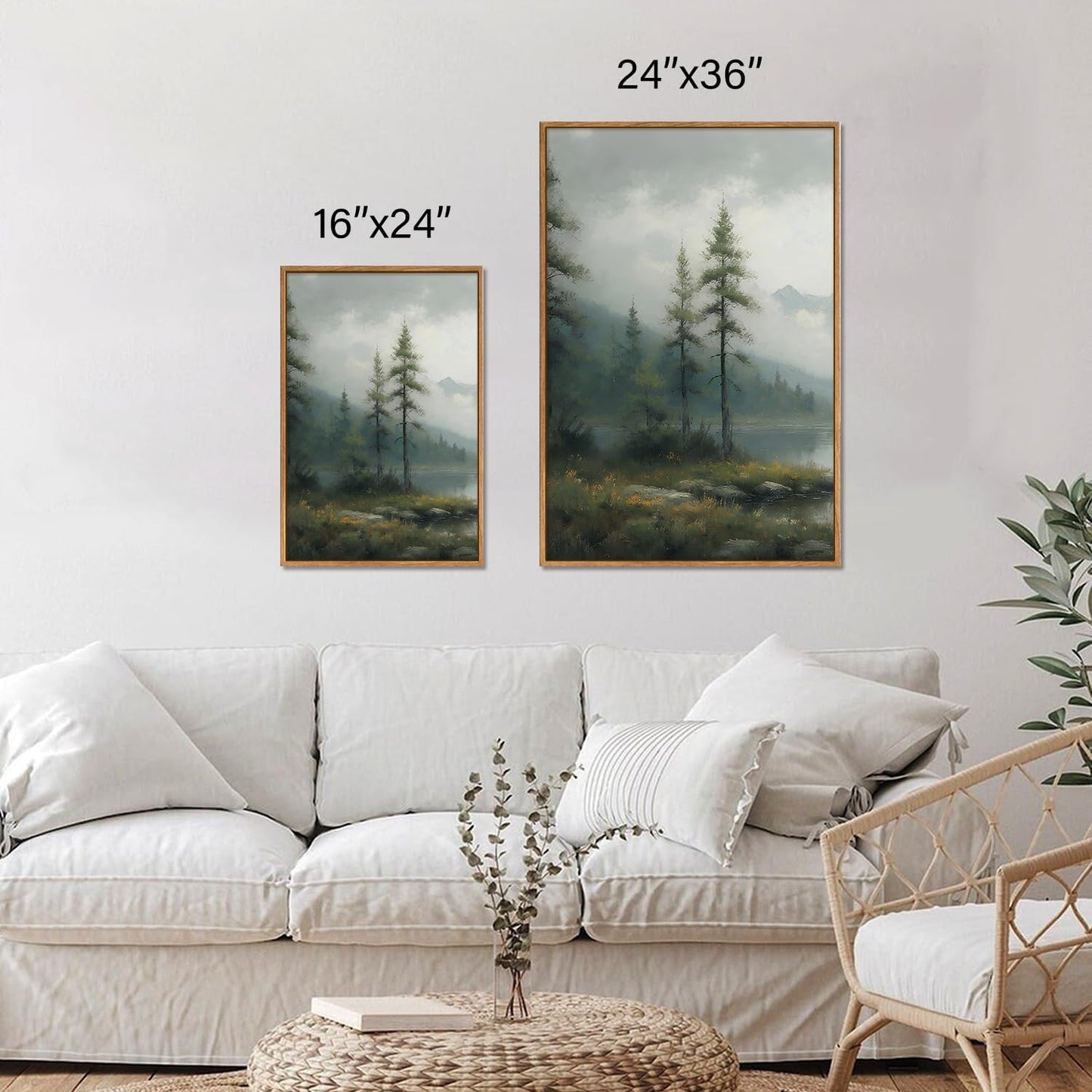 SIGNINART Large Misty Mountain Framed Canvas Wall Art, Green Forest River Scenery Wall Decor, Modern Foggy Wooden Landscape Artwork, Oil Style Nature Art Print for Living Room Bedroom Office 24"x36"x3