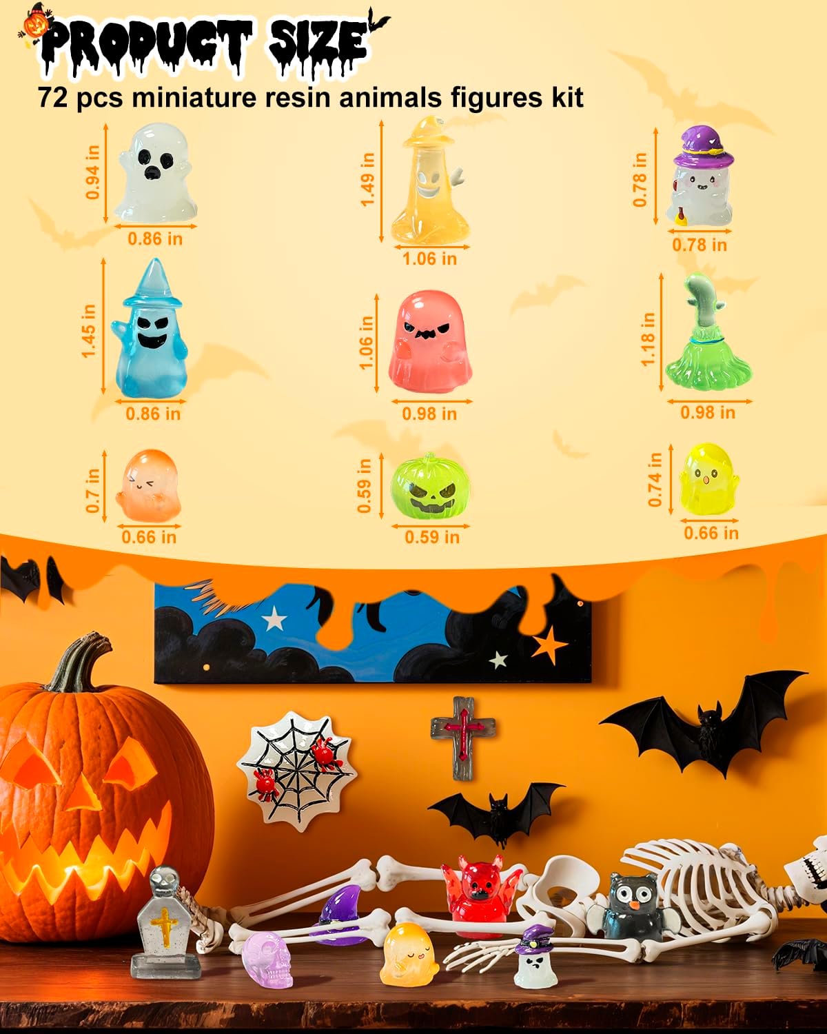 72 Pcs Halloween Mini Resin Animals Figures Kit - Luminous Tiny Resin Figurines Accessories, Glow in The Dark Miniature Ghost Figurines for Halloween Party, Micro Landscape, Tabletop Decor