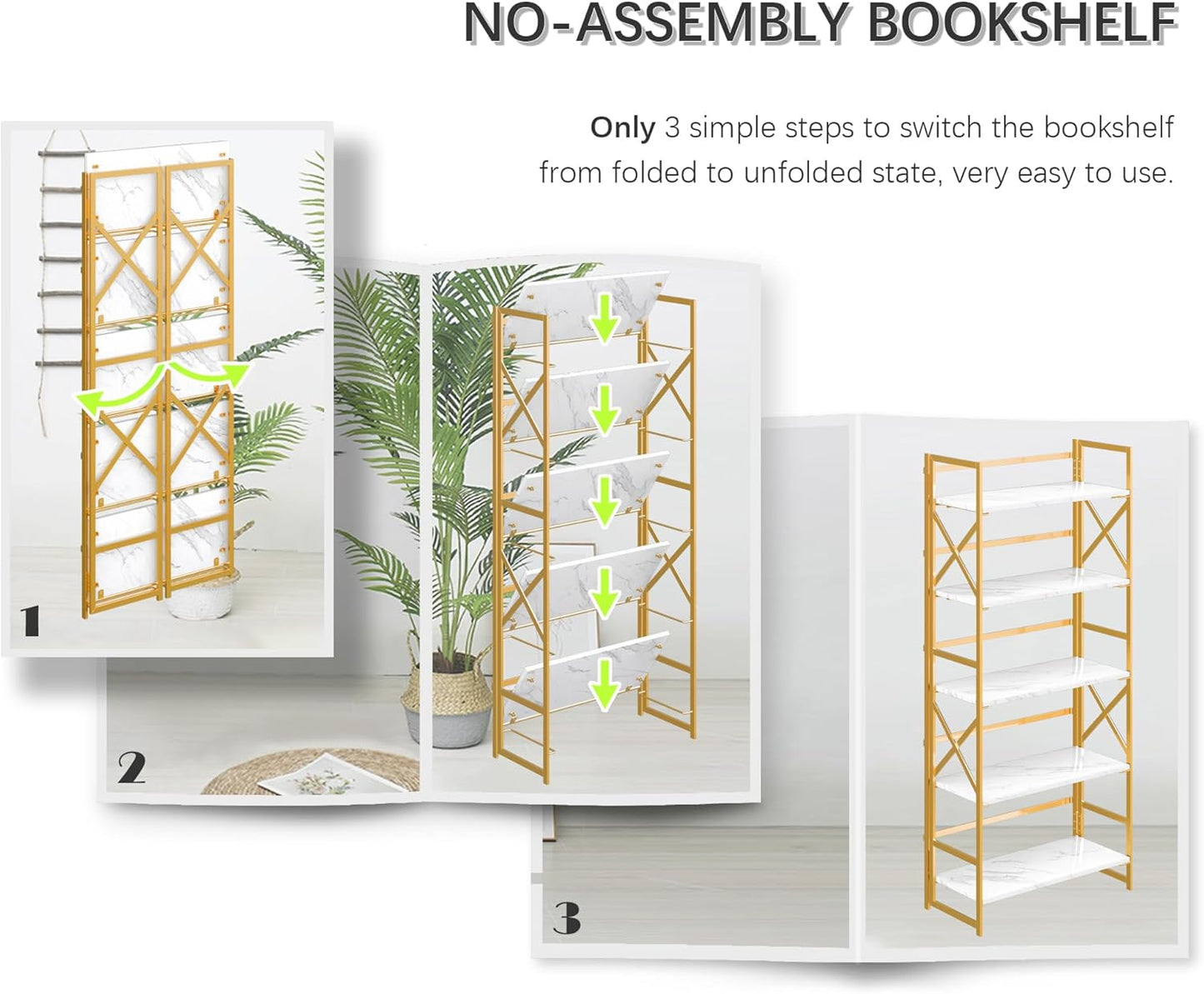 4NM 5 Tiers No Assembly Book Shelves, 51.2" H Folding Bookshelf Bookcase Open Industrial Foldable Shelves for Bedroom, Living Room, Home Office - White Gold