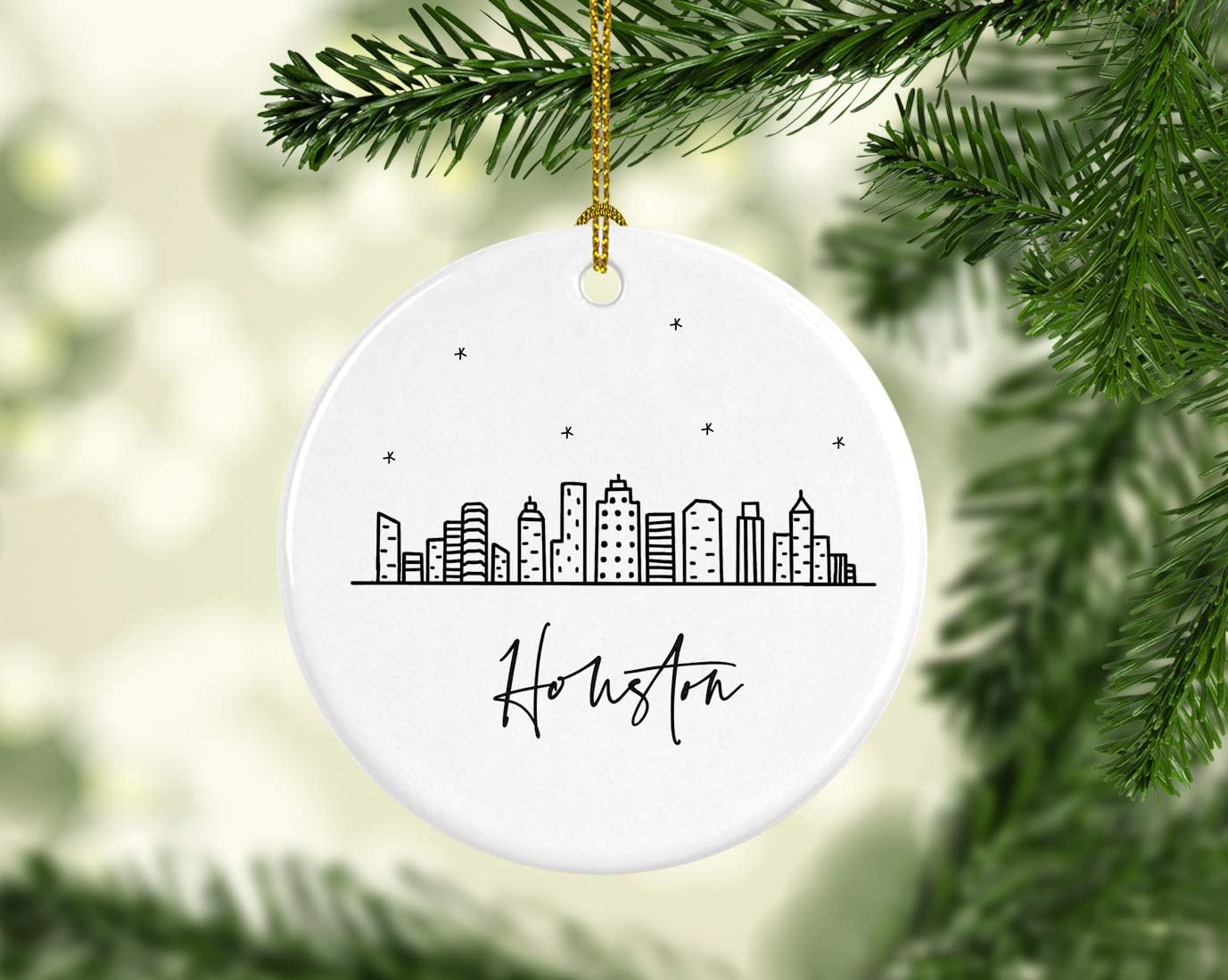Andaz Press Round Ceramic Porcelain Christmas Tree Ornament Keepsake, Houston Black and White Stars City Skyline Graphic, 1-Pack, Birthday Gift Idea for Family, Coworker, Him, Her, Includes Gift Box