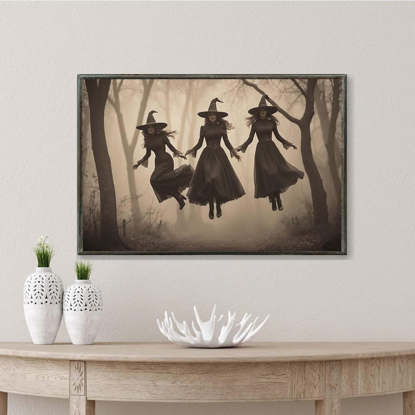 JFHCQJPK Three ghost witches flying in vintage forest gothic wall art witchcraft decoration holiday gift canvas wall art print12x16in Metal blackFramed