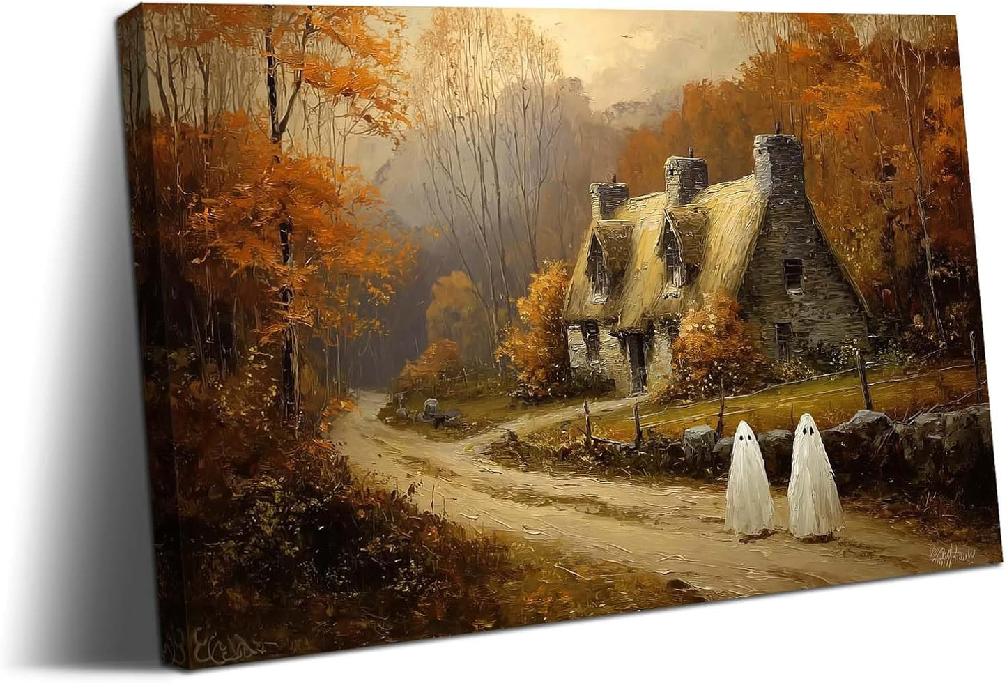 Laoife Halloween Canvas Wall Art, Vintage Spooky Farmhouse Autumn Rustic Landscape Wall Decoration, Ghost on Rural Roads for Living Room Bedroom Home Decor (Ghost 2)