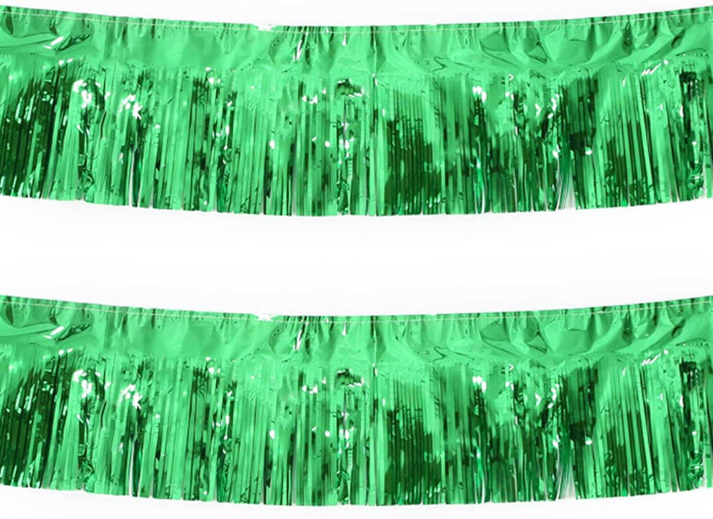 Green Foil Fringe Garland 10FT 2packs, Metallic Foil Tinsel Fringe Banners for Parade Float Decorations Wedding, Birthday Party Graduation (Two Green)