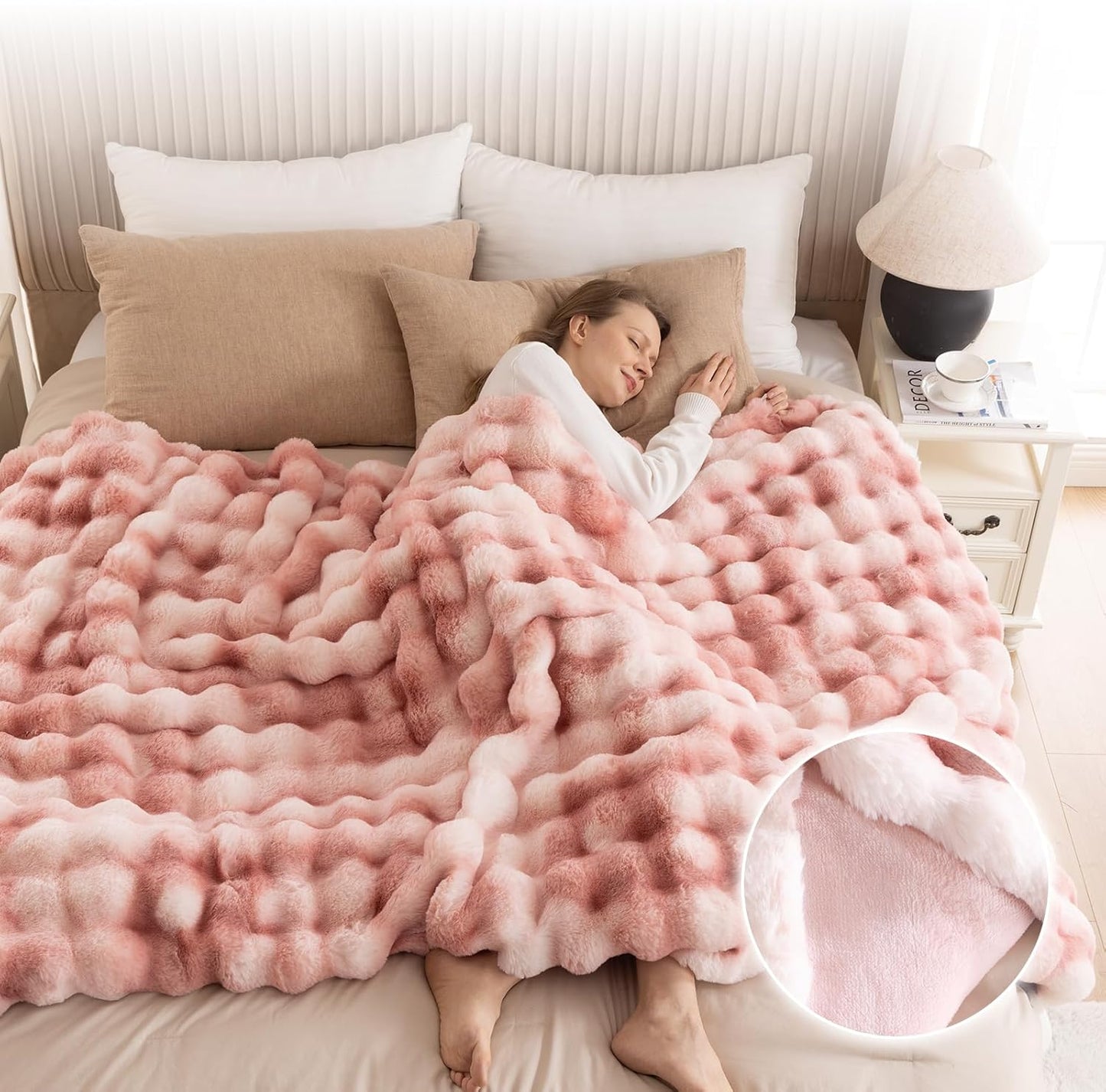 Cozy Faux Fur Throw Blanket for Couch-Warm Fuzzy Throw Blanket, Soft Plush Thick Bubble Blankets for Bedroom and Living Room, Furry Luxury Blanket, 90 x 90, Tie-Dye Pink