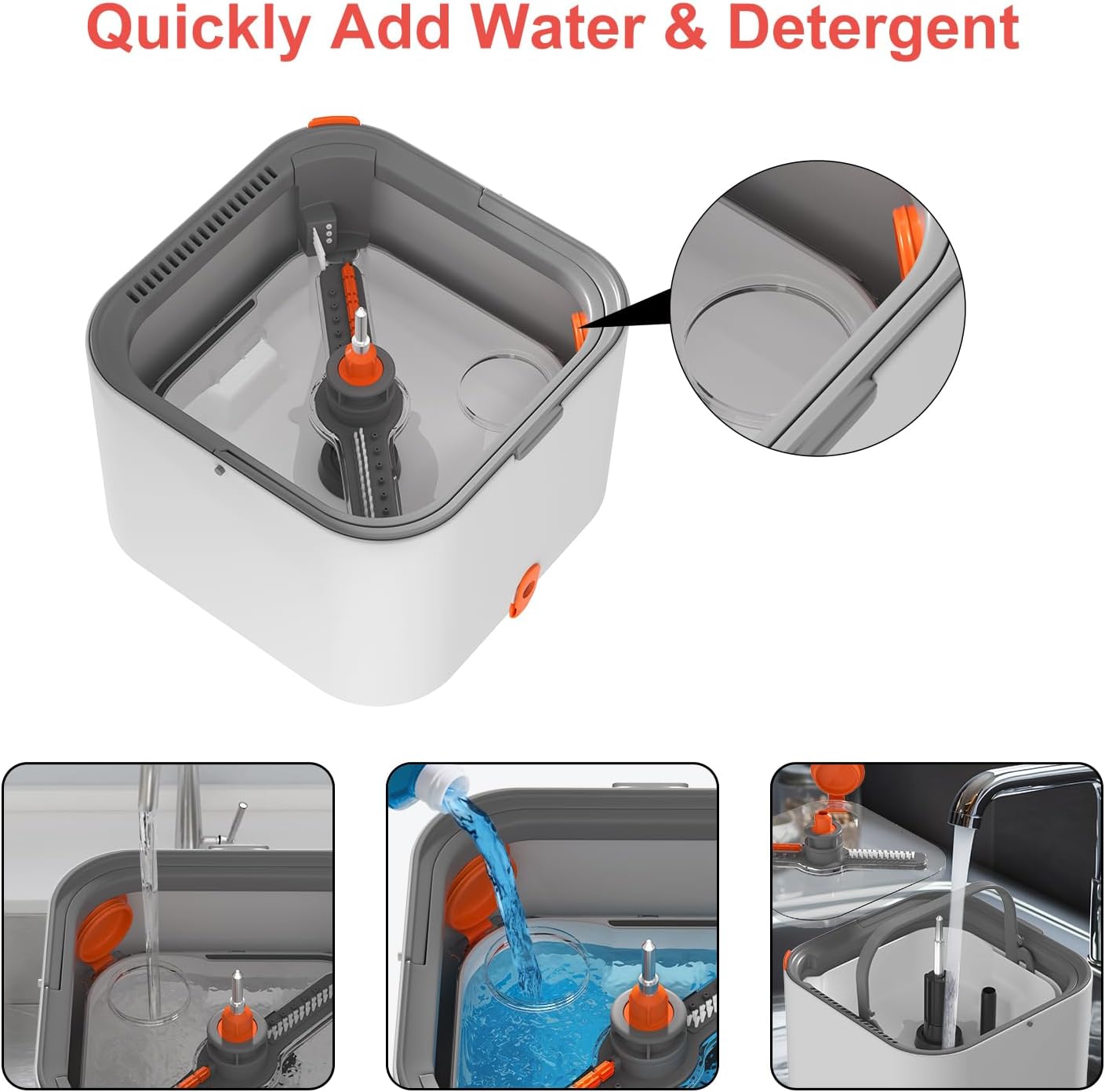 Mop and Bucket Set, Spin Mop with Self Seperates Dirty Water System, Square Mops for Floor Cleaning, 360 Rotating Foldable Standing Mop Head, Versatile Mops for Walls (Mop Bucket with 6 Pads)