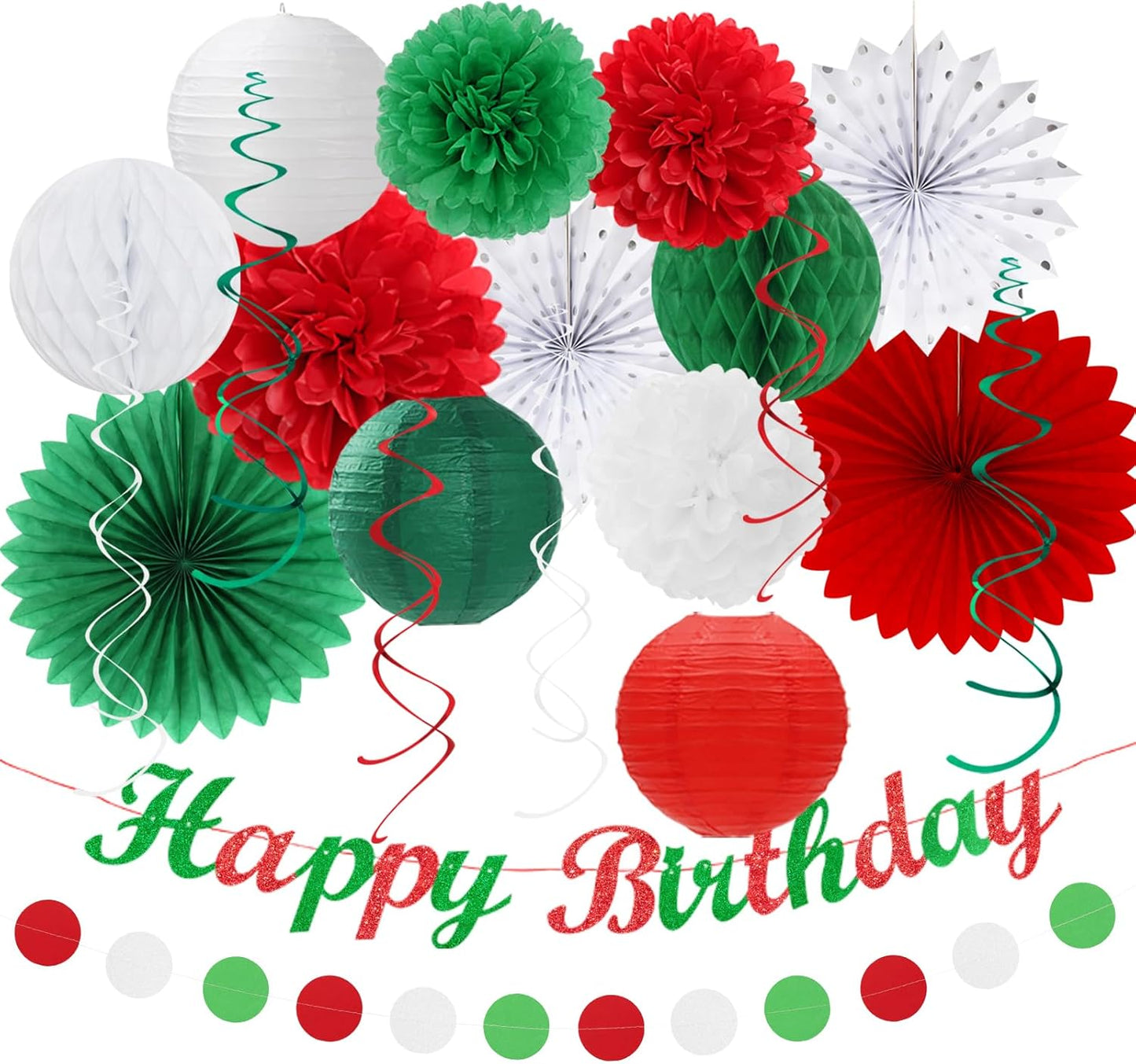 Red White Green Mexican Christmas Birthday Party-Decorations - 21pcs Happy Banner,Paper Lanterns Honeycomb,Tissue Pom Poms Flower Fan,Italian Kids Classroom Hanging Streamers Garland Decor Huglony