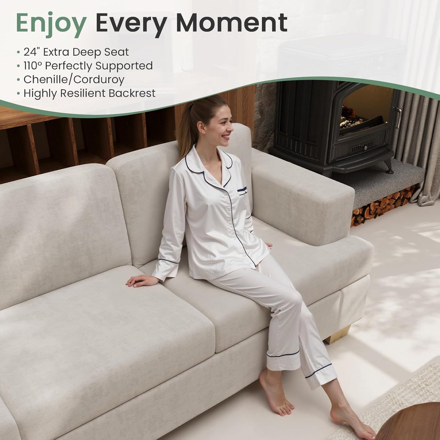 Sofa, 3 Piece Set Comfy Sofa, Loveseat & 2 3-Seater Couch with Deep Seats for Living Room, Modern Sleeper Couch, Beige Chenille