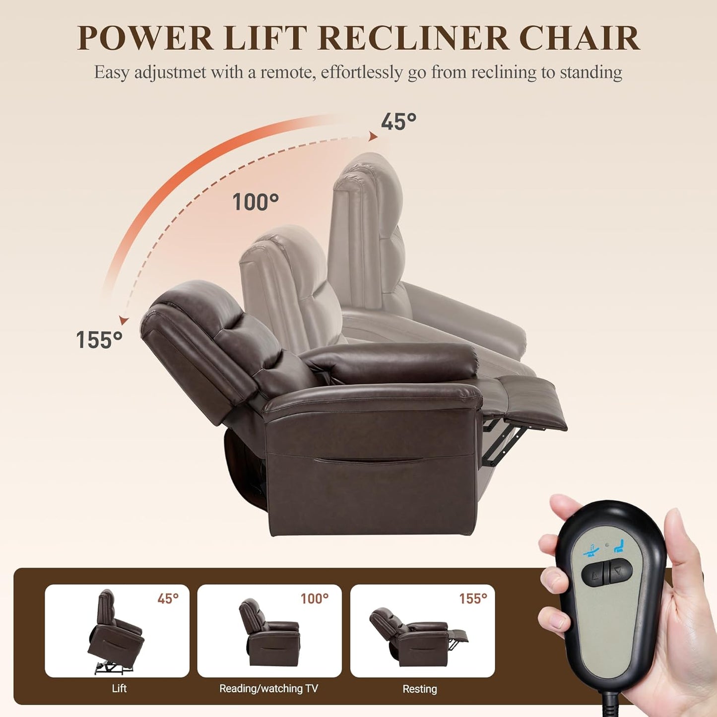 COLAMY PU Leather Electric Power Lift Chair,Lift Recliner Chair with Thick Cushioned Padding Backrest for Living Room, Office, Bedroom （Darkbrown）
