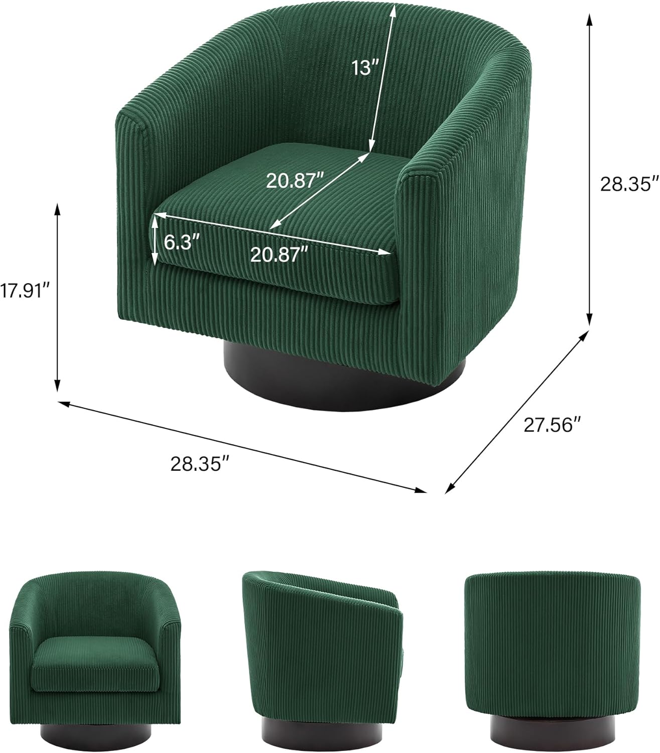 Swivel Barrel Accent Chair, Modern Round Corduroy Fabric Arm Chair for Living Room, Bedroom, Comfy Club Reading Chairs for Adults (Corduroy Dark Green, Set of 2)