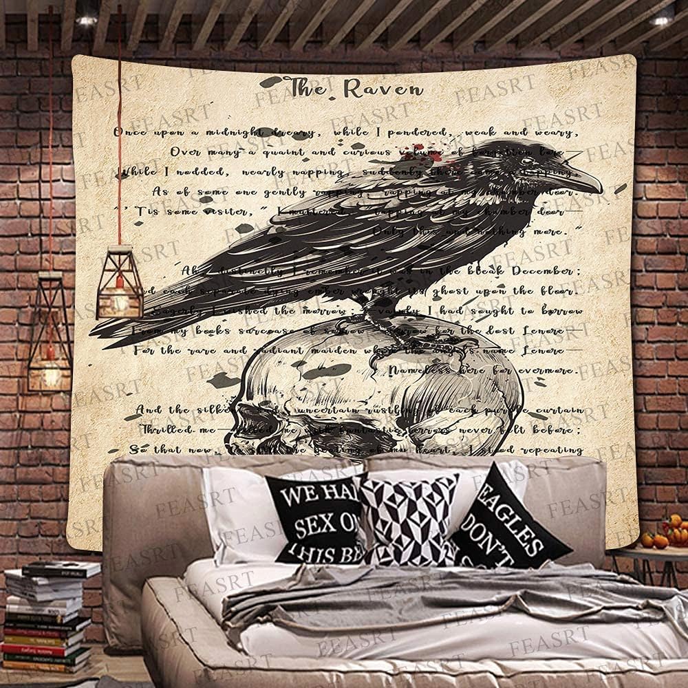 The Raven Tapestry Gothic Skull and Raven Dictionary Tapestry, Large 90x100 Inches Soft Flannelette, Ancient Raven Hymn Poster for Home Dorm GTQQAY1547