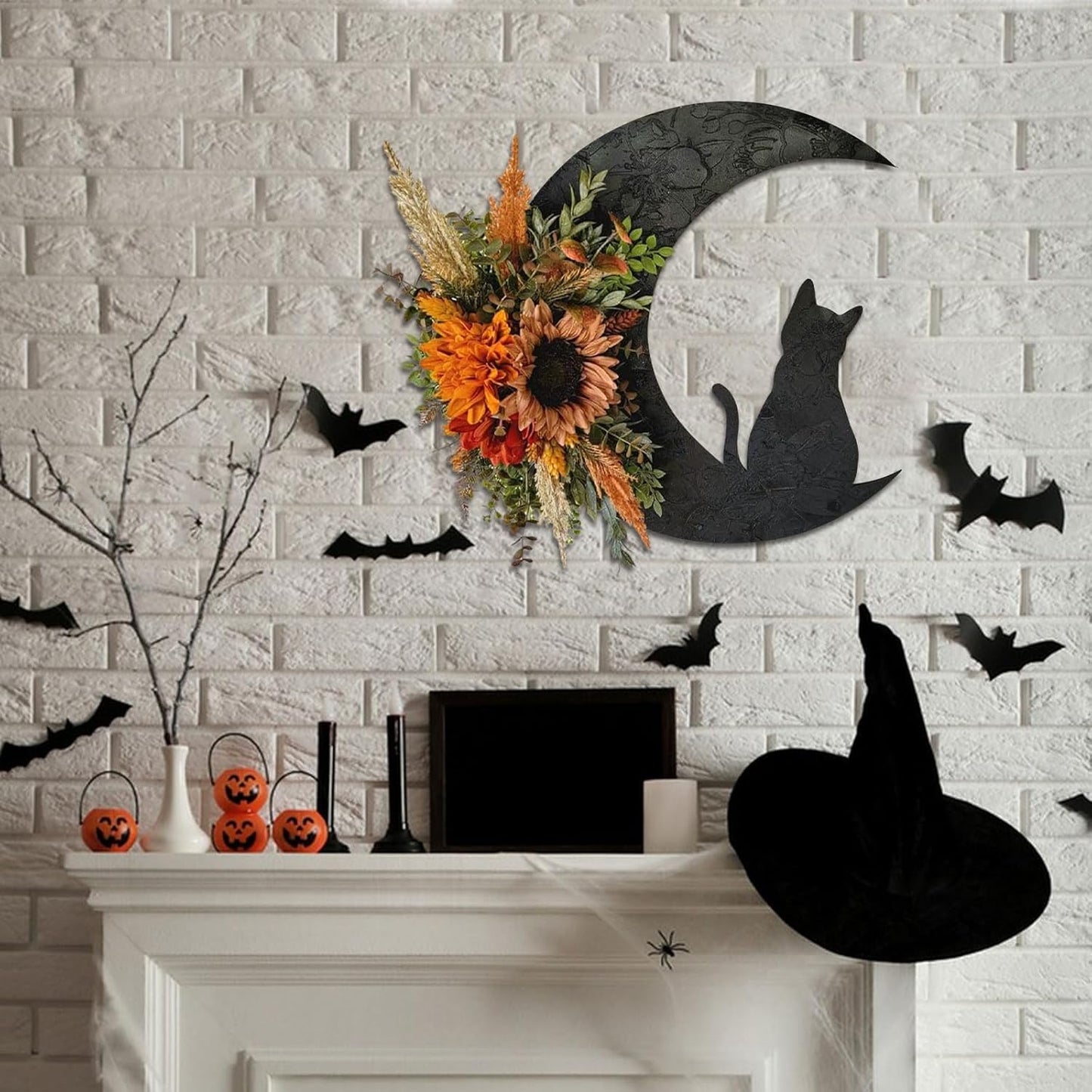 Halloween Wreaths for Front Door, Black Cat on Moon Garland with Rose Wreath Decor, Halloween Decorations Crescent Moon Wreath for Home Party Window Wall Indoor Outdoor (orange flower)