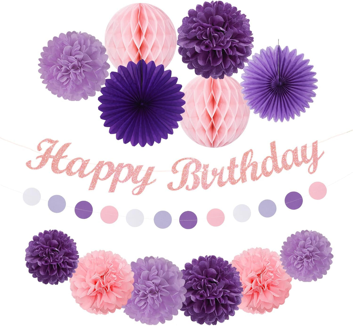 Purple Pink Birthday Party-Decorations Paper-Flowers - 14pcs Happy Banner Lavender Lanterns Tissue Pom Poms,Lilac Streamers Garland Fans Honeycomb,Women Girls Adult Kids Hanging Supplies Decor Hugfond