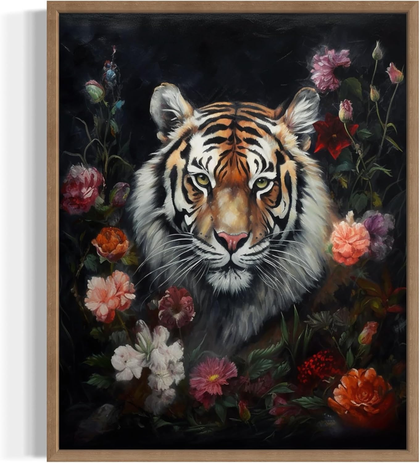 Tiger and Flower Poster Art Print, Halloween Scary Vintage Wall Art Academia Spooky Painting Decoration for Horror Prints, Gothic Posters Bedroom Decor 89 (Tiger and Flower, 16 x 20 inches, Wood Frame)
