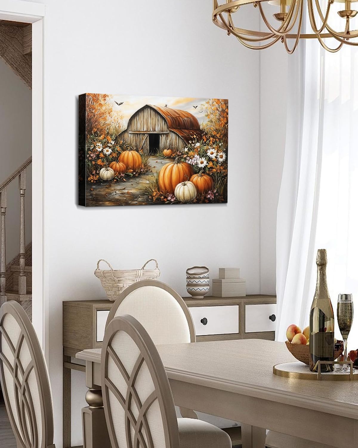 Autumn Pumpkin Barn Framed Wall Art Decor, Moody Fall Decor Rustic Country Landscape Picture Print for Farmhouse Decor,Thanksgiving Decorations Country Canvas Wall Art, Ready to Hang