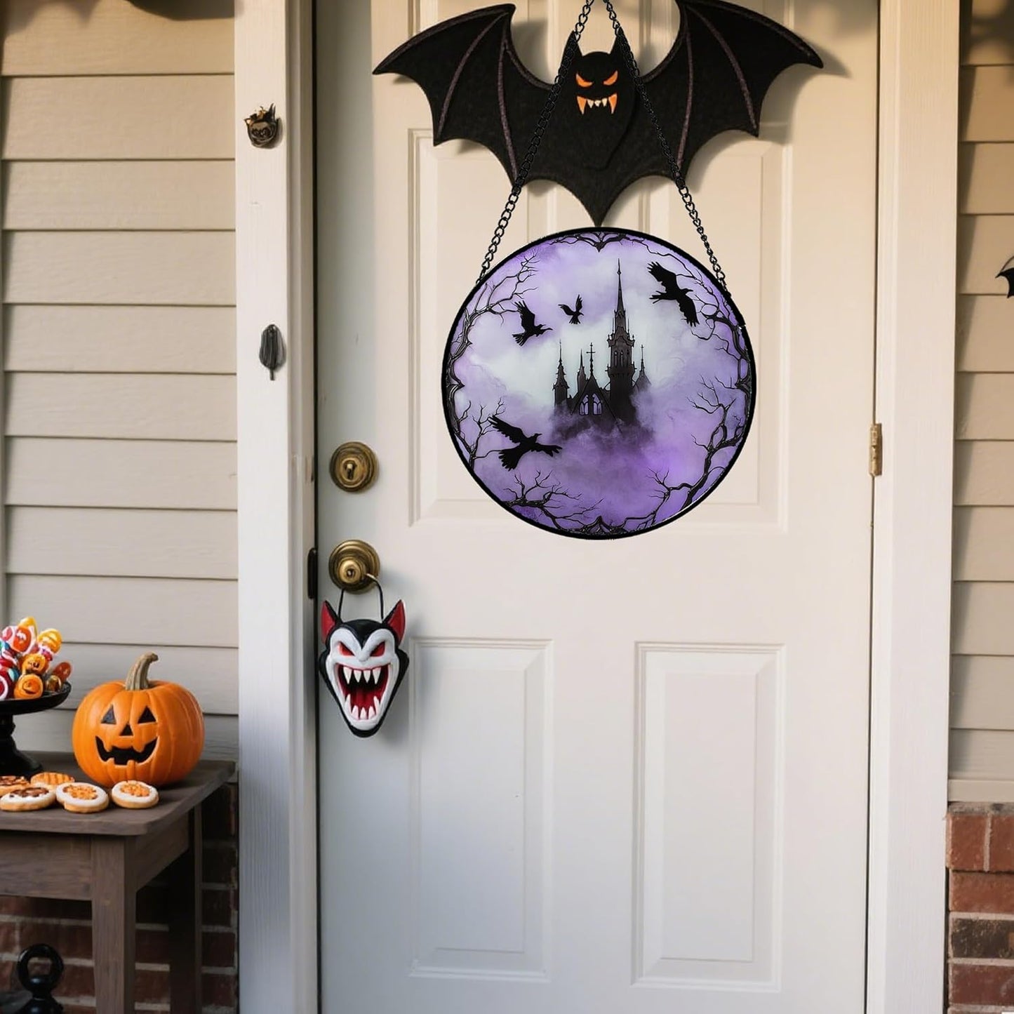 Stained Glass Window Hanging - Halloween Gothic Castle Purple Smoke Suncatcher for Doors Garden Home Spooky Crow Sun Catchers Gothic Decor Horror Gift for Women Men Friend Boy Girl 9.8 in