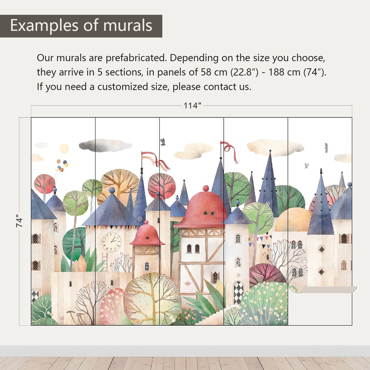 AFZEVEB-Cartoon Watercolor House Nursery Wallpaper Wall murals for Kids Room 114"x74" (Not Peel and Stick)