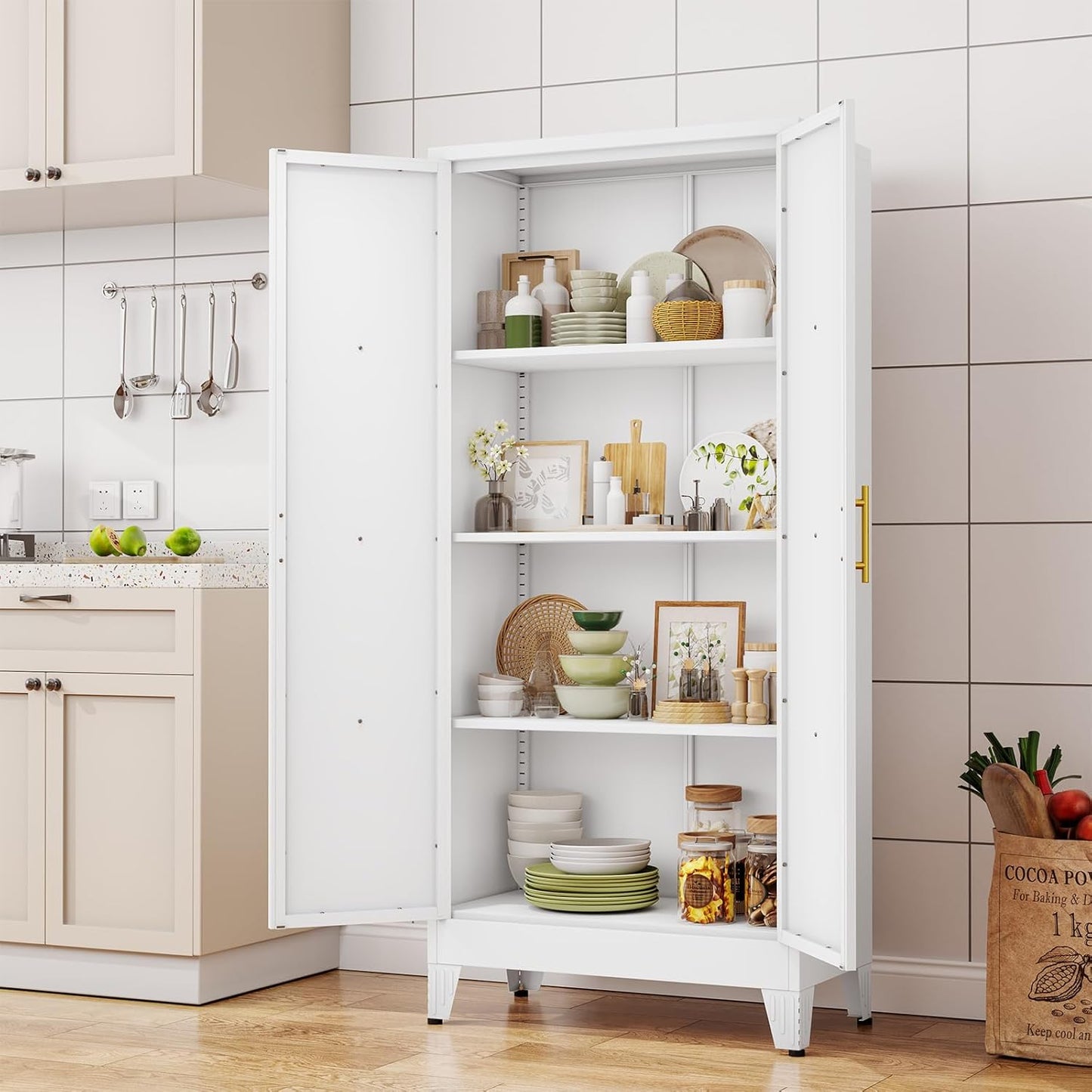 61" H Metal Kitchen Pantry Storage Cabinet, Freestanding Cupboard with 2 Doors and 3 Adjustable Shelves, Standing Storage for Kitchen, Bathroom, Garage, Dinning Room or Utility Room（White）