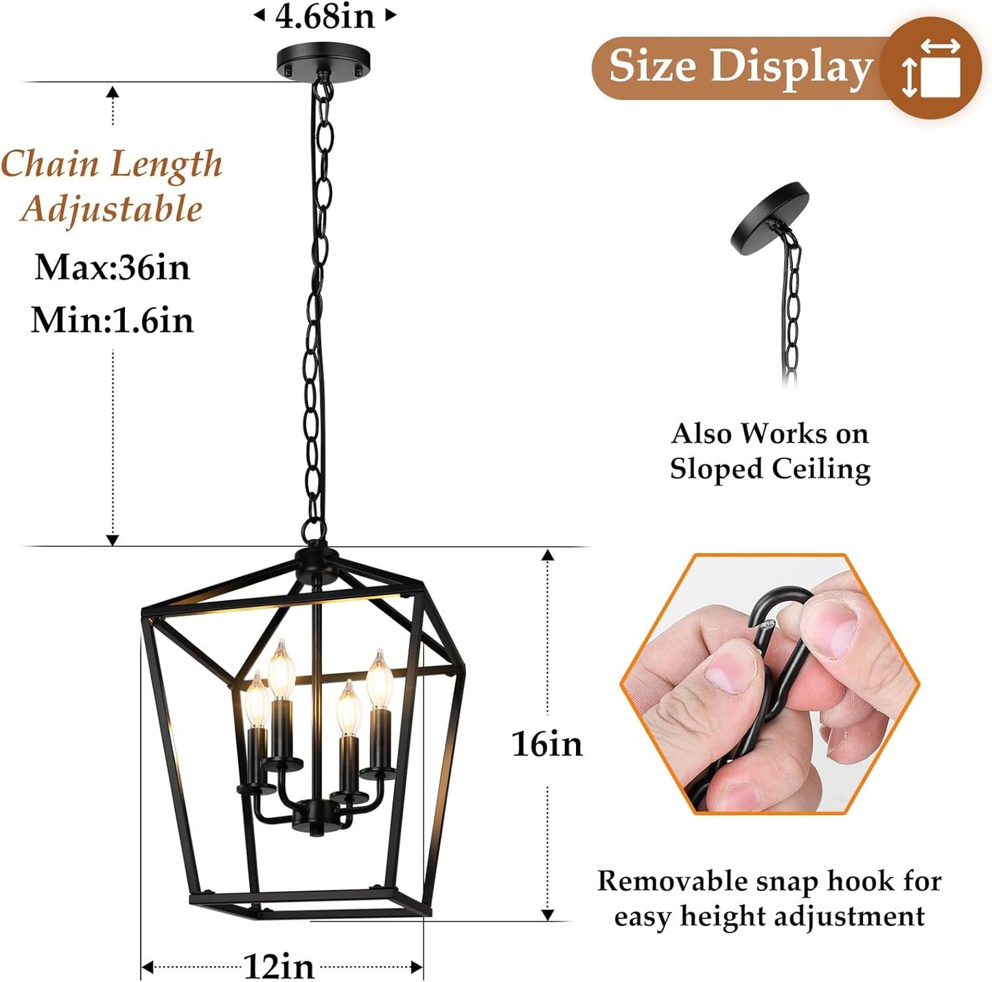 Farmhouse Chandelier 4-Light, Black Pendant Light Fixture for Kitchen Island Dining Room, Lantern Industrial Lighting Ceiling Hanging with Metal Cage Adjustable Height for Entryway Foyer