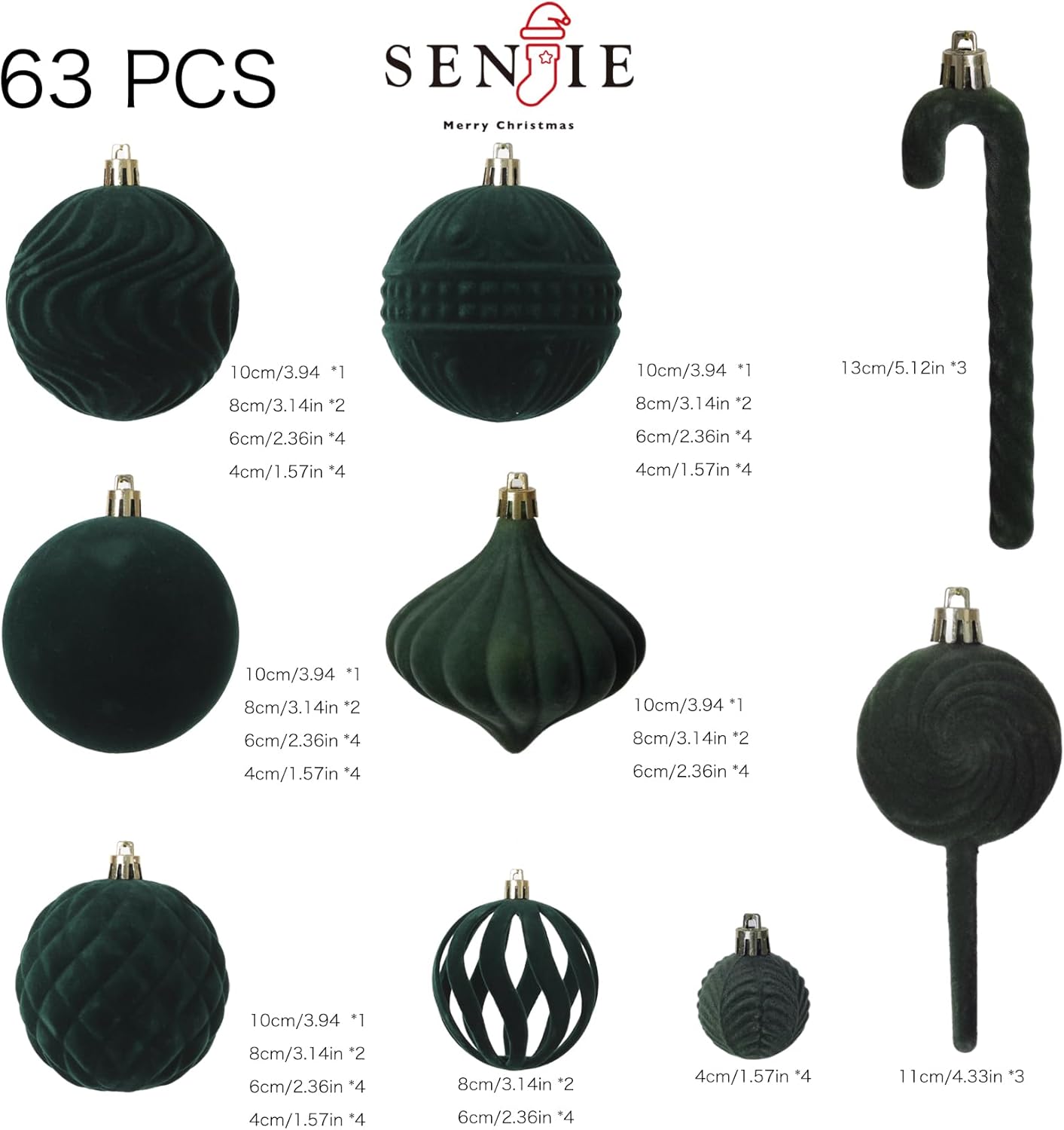 Senjie 2025 Velvet Christmas Ball Ornaments Sets 63pcs Bulk Flocked Christmas Ornaments Assortment Decor for Xmas Deep Green