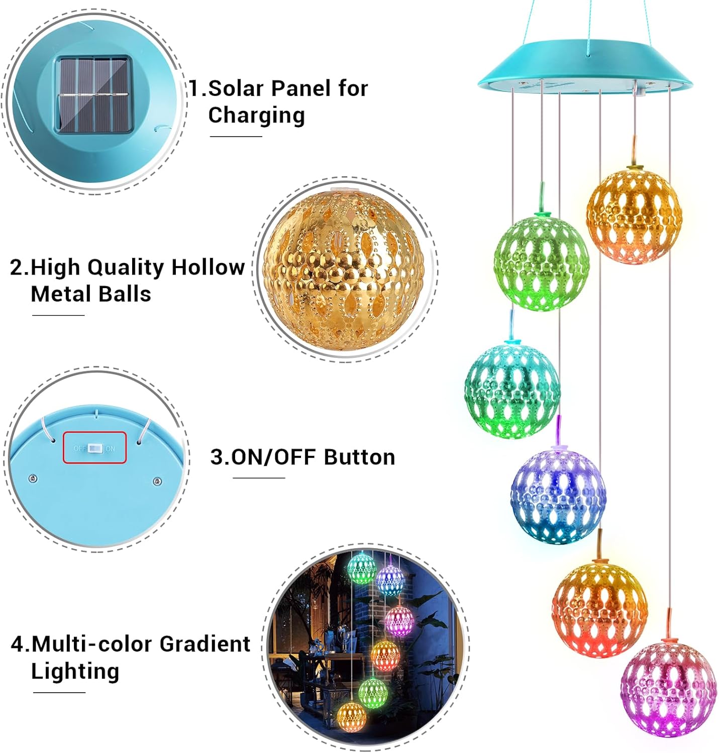 Toodour Solar Wind Chime, Color Changing Moroccan Ball Wind Chimes, LED Decorative Mobile, Gifts for Mom, Waterproof Outdoor Decorative Lights for Garden, Patio, Party, Yard, Outdoor Decorations