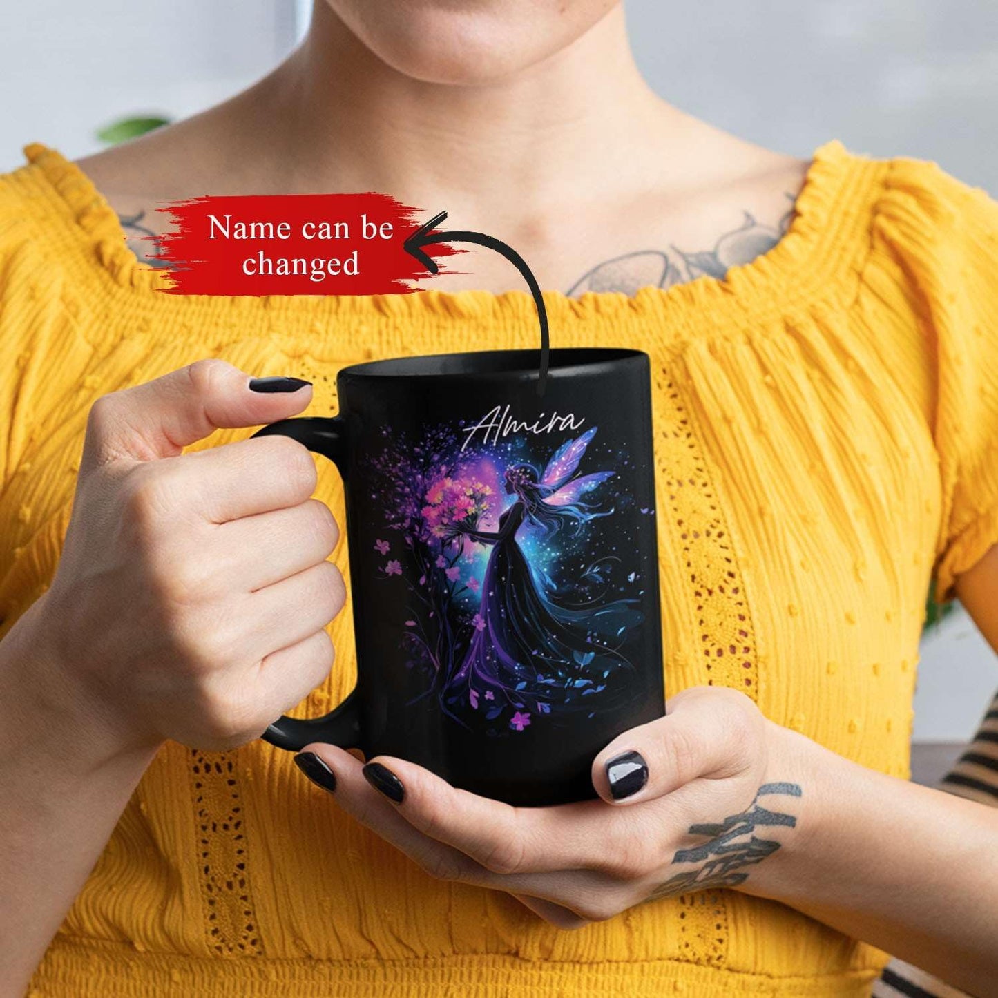 Personalized Beautiful Fairy Holding Flower Coffee Mug, Custom Name Ceramic Cup 11oz 15oz, Enchanted Fantasy Themed Mug, Custom Fairy Lovers Black Cup, Kids Mug, Elegant Fairy Mug