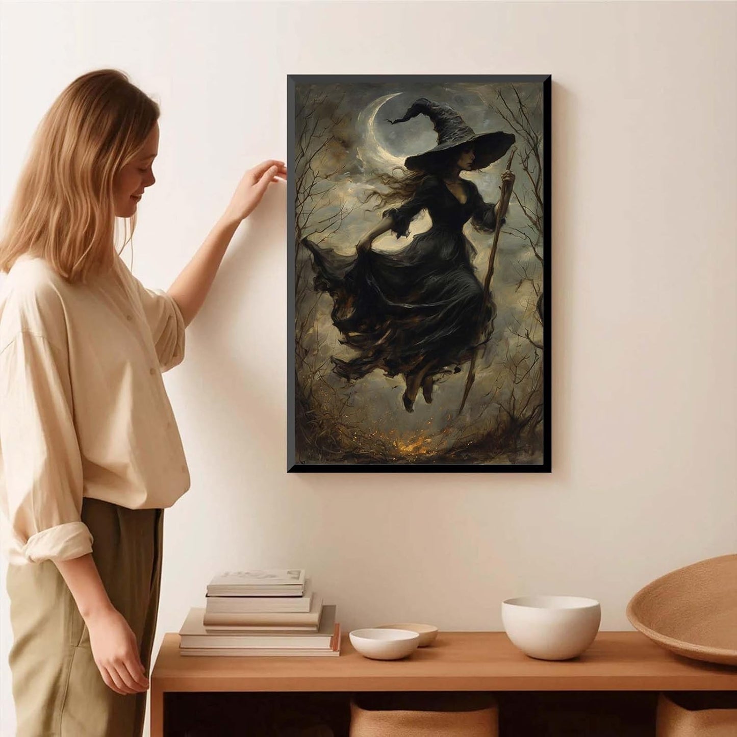 JFHCQJPK Witch in the Forest Halloween Print Wall Art Poster Witch Decor Vintage Print Dark College Wall Art Victorian Gothic Room Decor Canvas Wall Print8x12in Metal blackFramed
