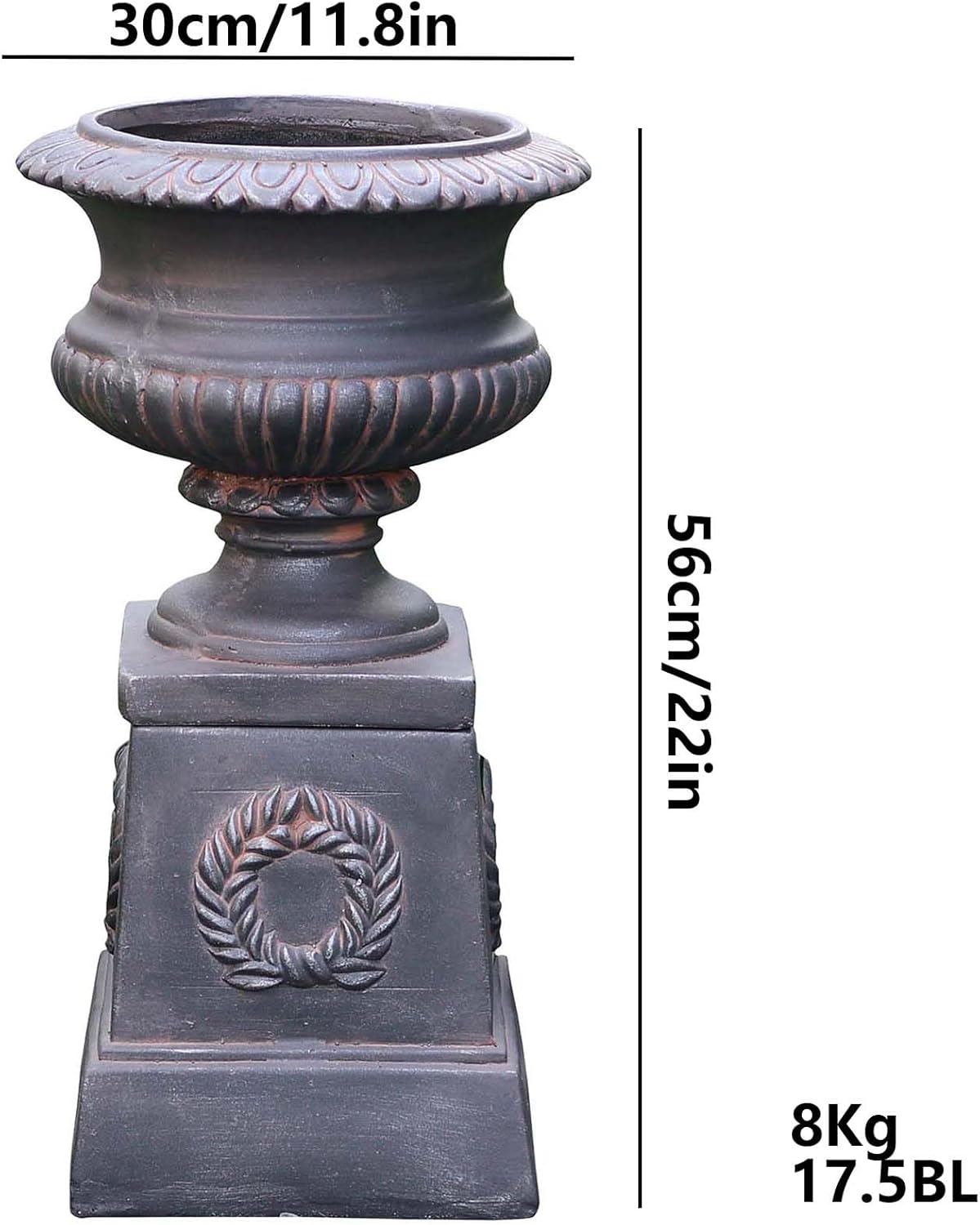 VISIBLE Classic Garden Urn Planter with Pedestal, Black Antique Finish, Cement Fiber Material, Decorative Leaf Pattern, 22 Inch Height, Indoor Outdoor Use, Delivered from Local Warehouse (Black)