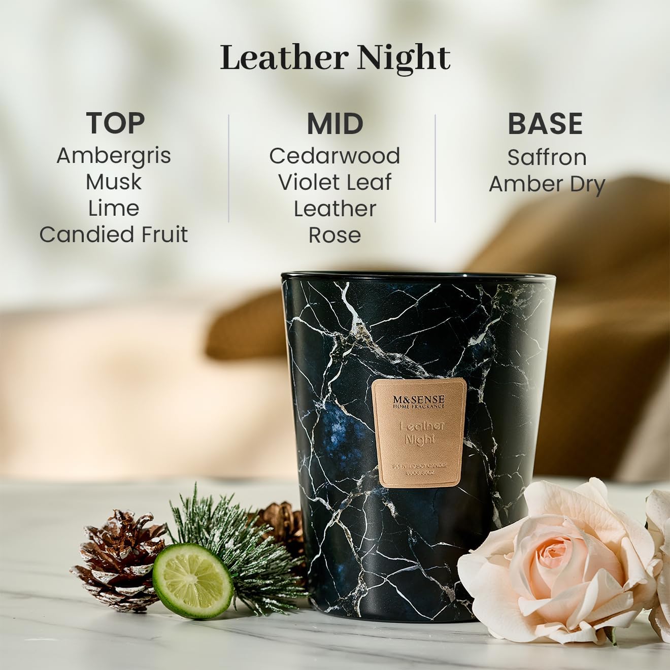 M&SENSE LeatherNight Scented Candles for Home, 3-Wick Highly Scented Jar Candles, Extra Large Candle 35 Oz 150 Hours Long Lasting Burning, Relaxing Aromatherapy Candle for Stress Relief, Meditation