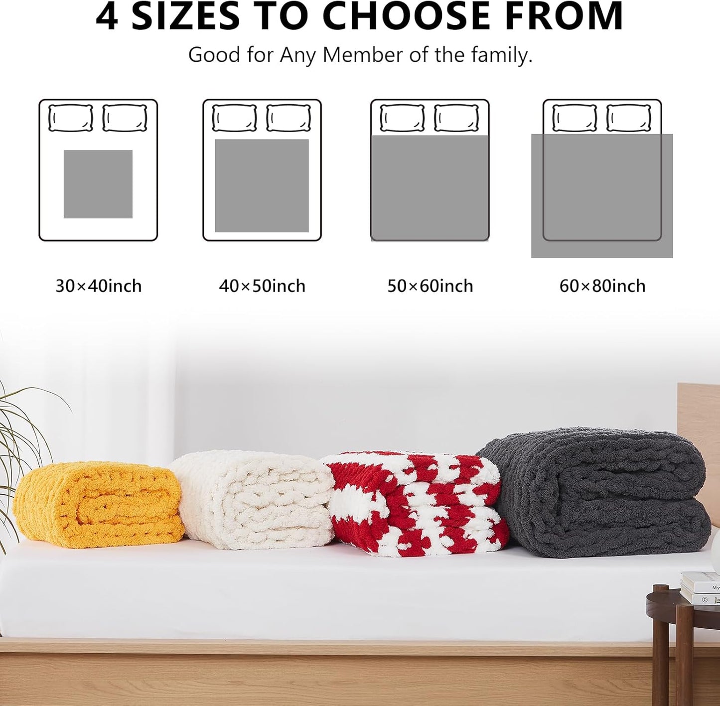 L'AGRATY Chunky Knit Blanket Throw - Soft Throw Blanket 50x60: 100% Hand Kintted Chenile Crochet Throw Blanket for Couch - Large Cable Knit Blanket for Home Decor (Red and White)