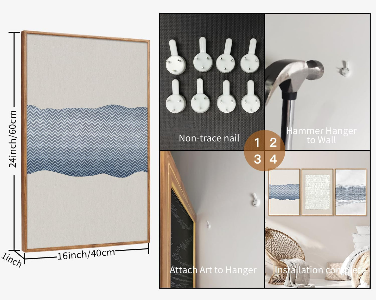 SIGNINART Large Abstract Framed Canvas Wall Art Set of 3, Minimalist Boho Line Art Prints, Modern Neutral Aesthetic Wall Decor, Blue and White Art Paintings for Living Room, Bedroom, Office 16"x24"