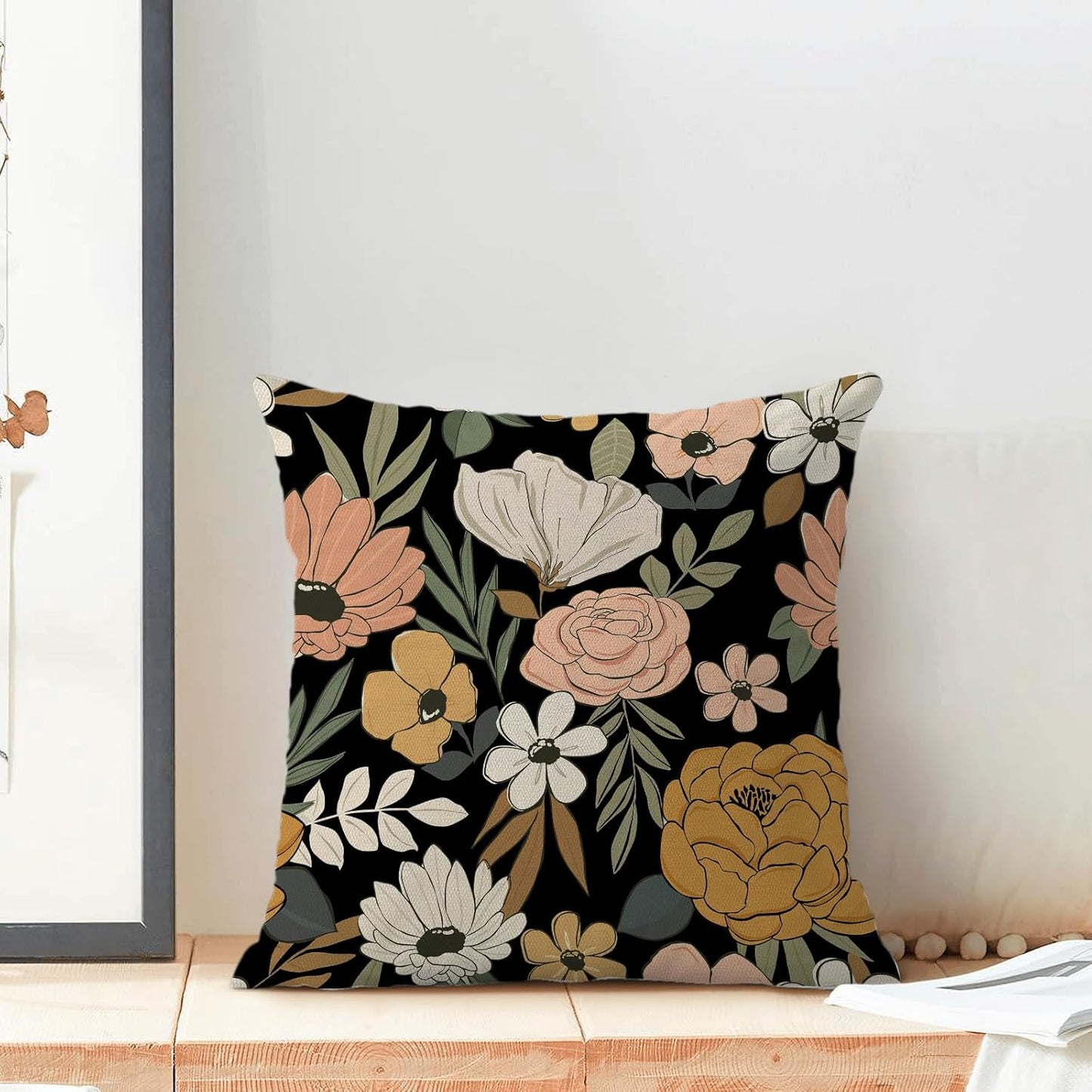 CXMEIFLY Spring Floral Pillow Covers 16 x 16 Inch Set of 2 for Vintage Pink Mustard Yellow Cream Flowers Decor Throw Pillows Plant Black Outdoor Decorative Cushion Cases for Couch Bed Decorations