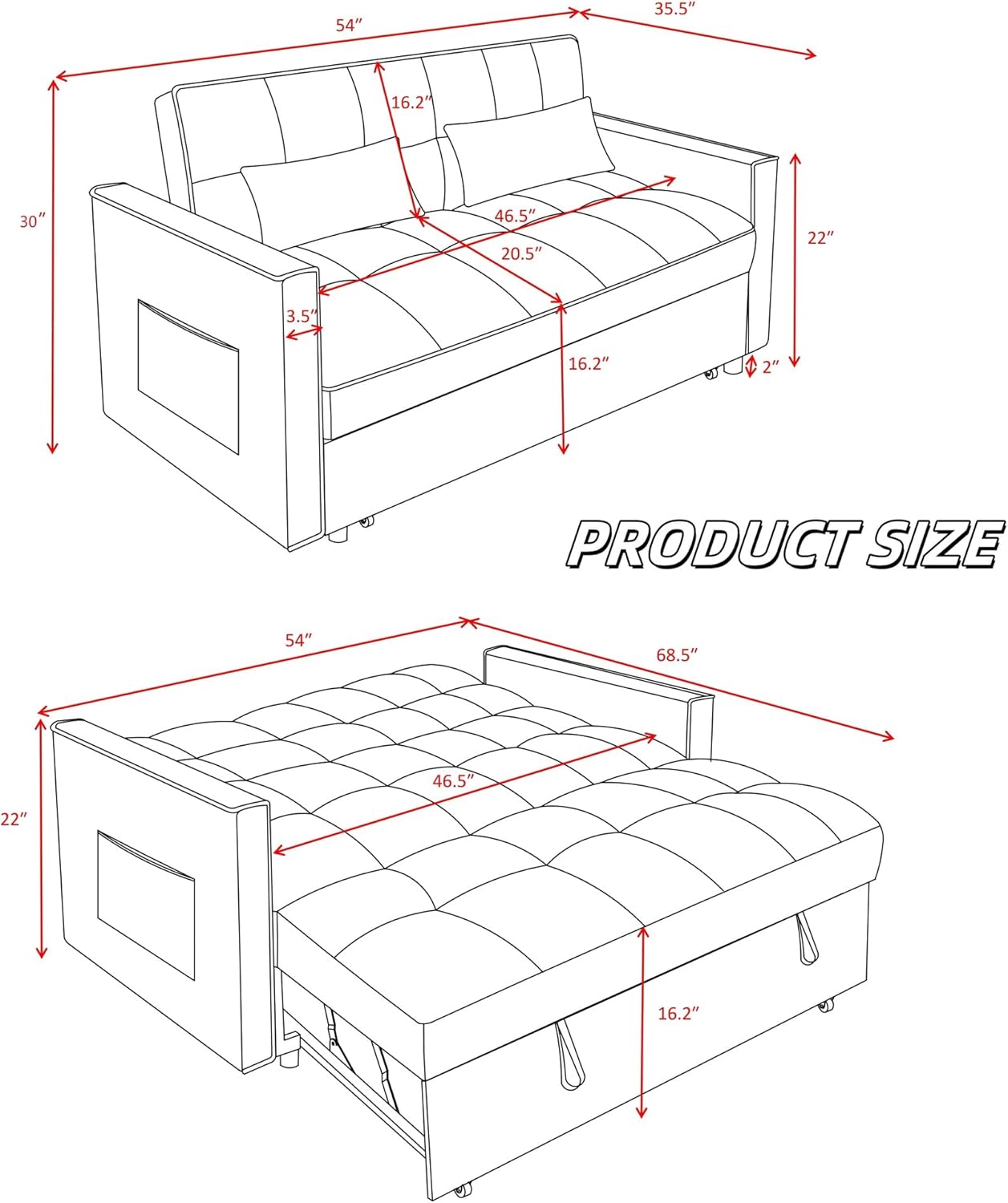3 in 1 Sleeper Sofa Beds, Futon Sofa Bed for Living Room with Side Pocket, Sleepers Couch with Pullout Bed, Convertible Love Seat Sleepers Couch for Living Room, Bedroom, Small Space, Blue