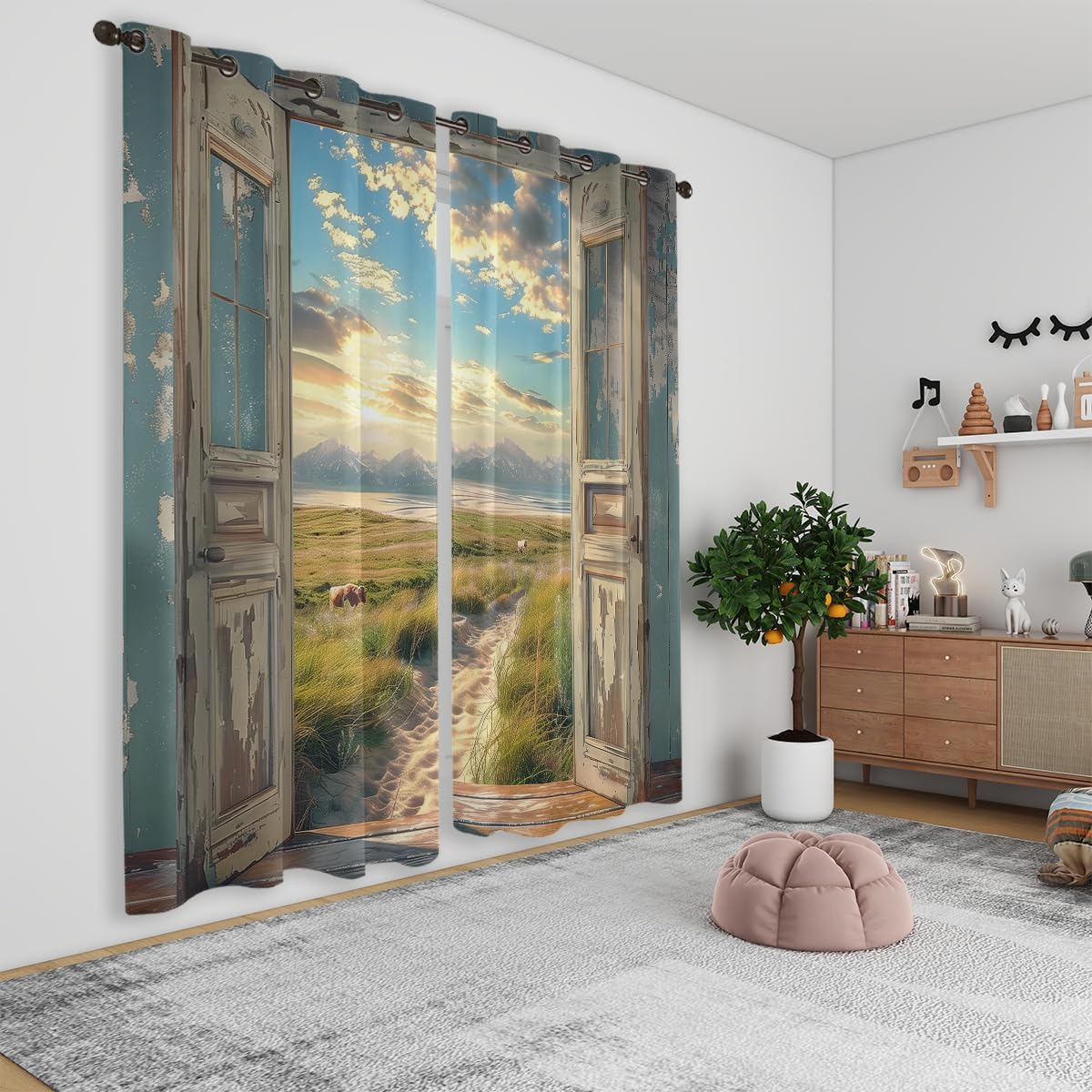 Landscape Blackout Curtains for Girls Boys Home Decor, Cow Sunset Grassland Mountain Natural Scenery Grommet Thermal Insulated Drapes Darkening Window Curtain for Bedroom Living Room, 63 x 63 Inch
