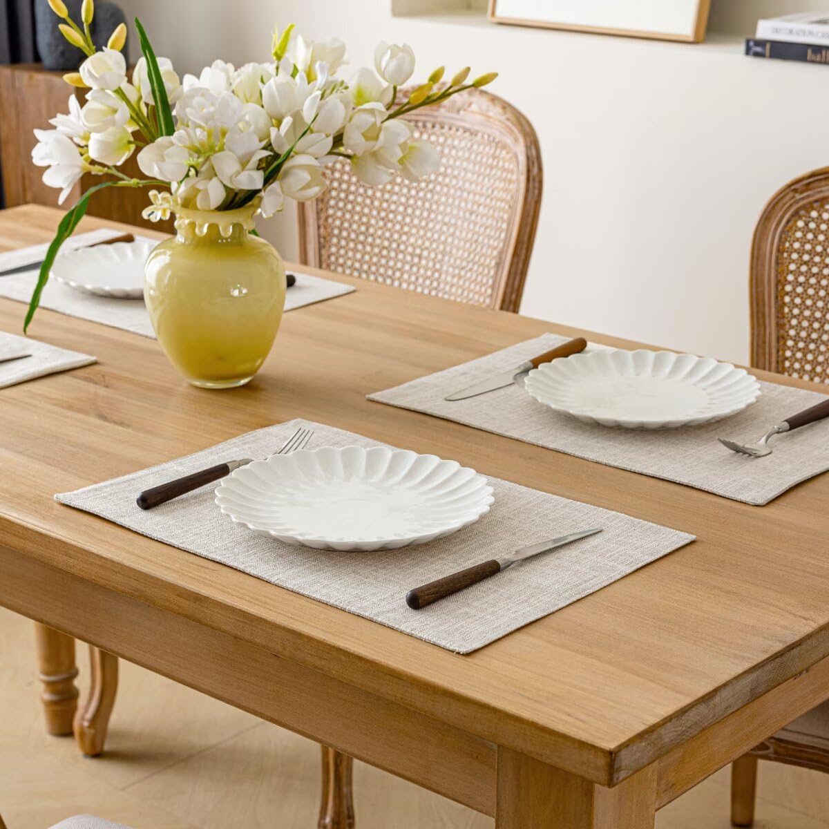 Placemats Set of 6, Bilayer Thickened Linen Place Mats Heat Resistant Machine Washable Wrinkle Free Carefully Selected Polyester Mats for Kitchen/Dining/Coffee Table (Cream Beige)