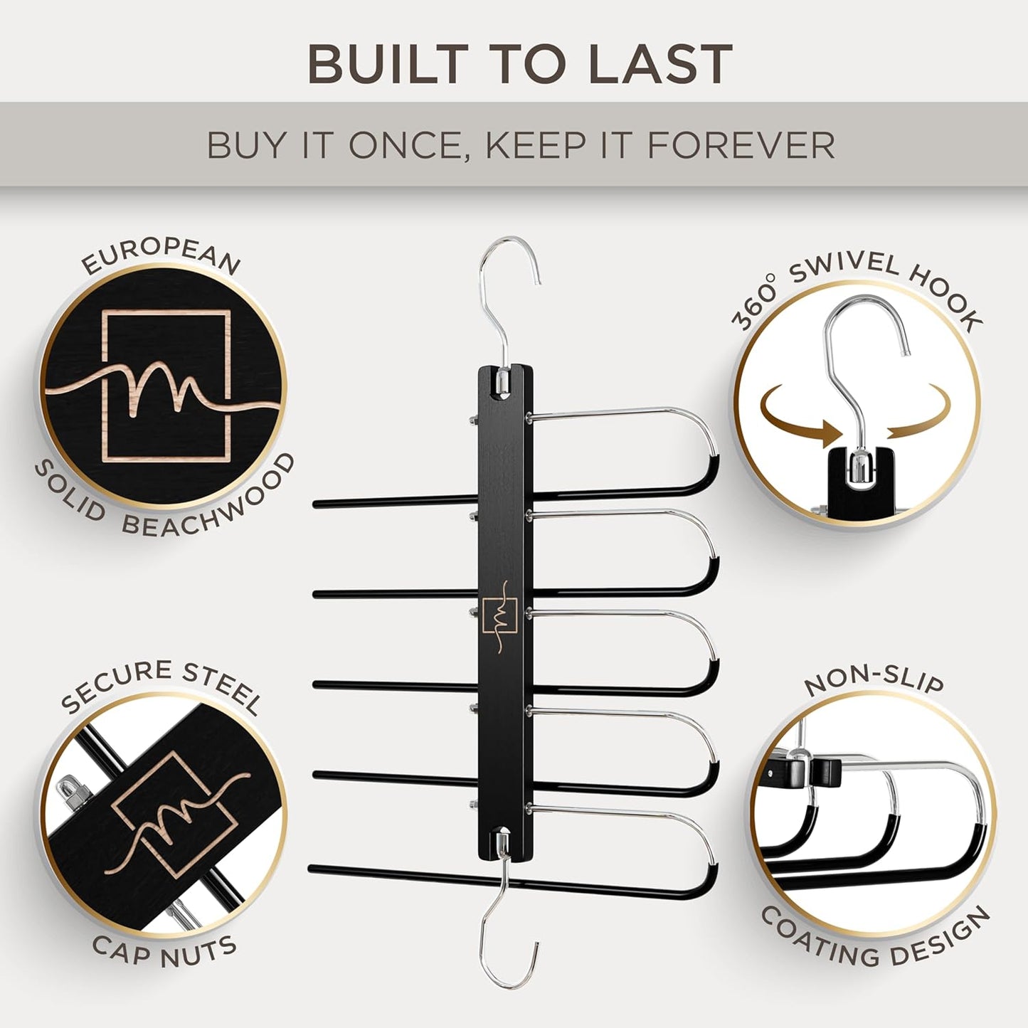 MORALVE Pants Hangers Space Saving - 2 Pack European Beechwood Scarf and Jean Hangers - Closet Organizer and Space Saver Pant Rack, Leggings Hanger, and Scarf Holder with 360° Swivel Hook