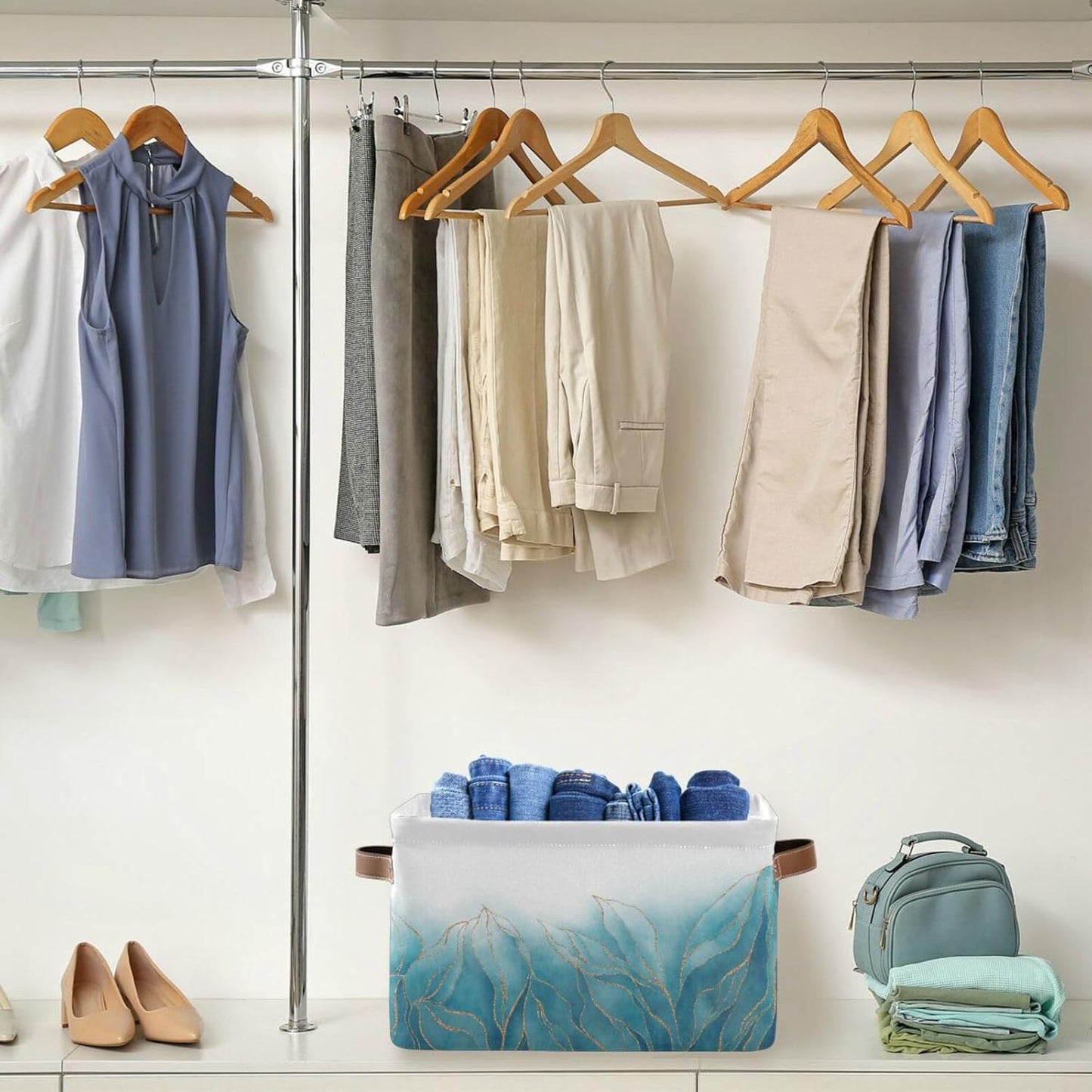 susiyo Storage Baskets for Shelves Closet Storage Bins for Organizing Shelf Nursery Toys, Decorative Linen Fabric Bins Cube with PU Handles 1 Pack,Luxury Blue Golden