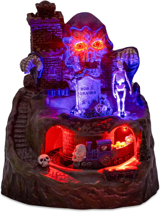 innodept12 Animated Halloween Small Village House - Moving Train and Skull Ghosts Tombstones Figurines with Pre-Lit Spooky Voice, Battery Operated, Not Including