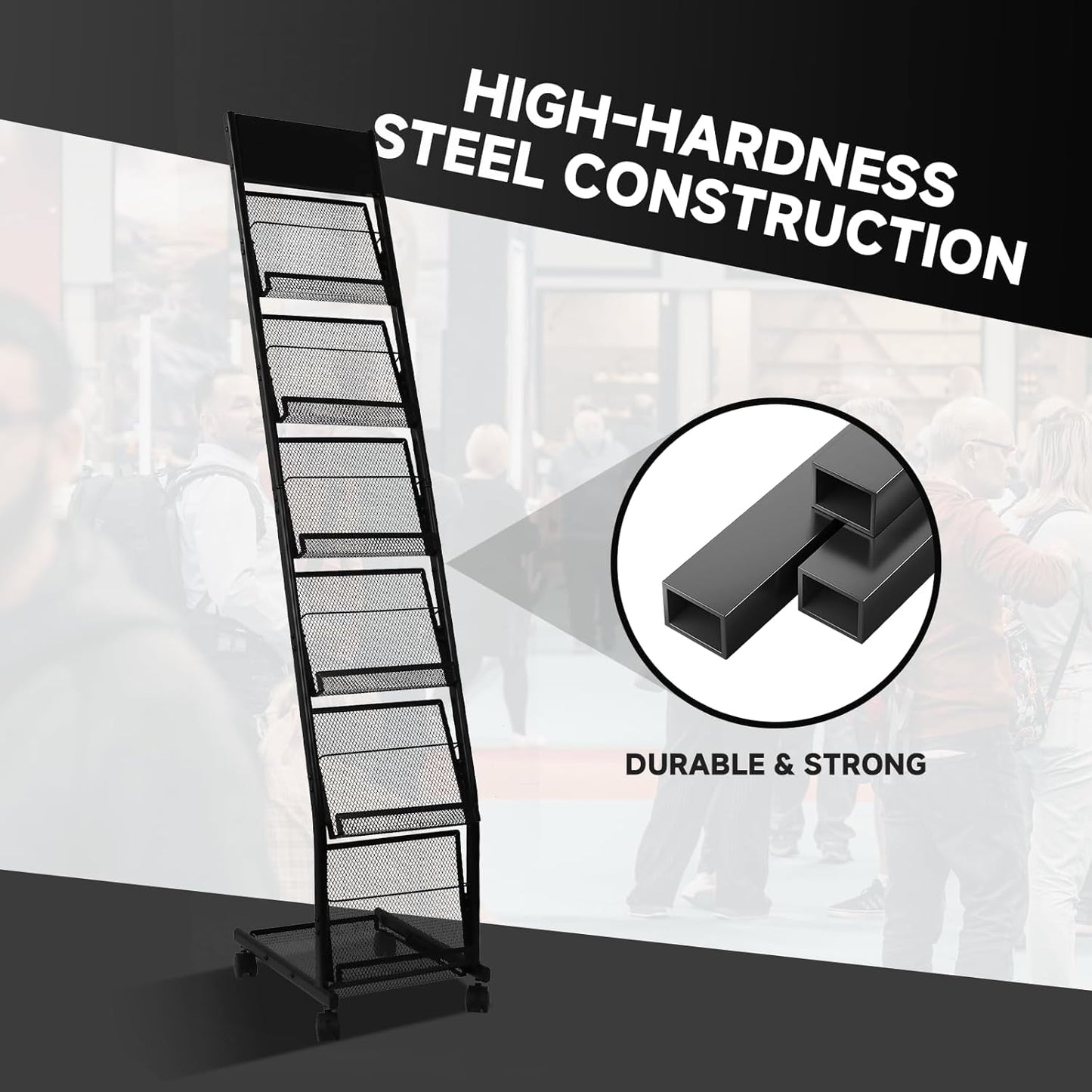Floor-Standing Magazine Rack 6-Layer with Wheels, Brochure Display Stand for Exhibitions, Office, and Any Organization Requiring Information Display