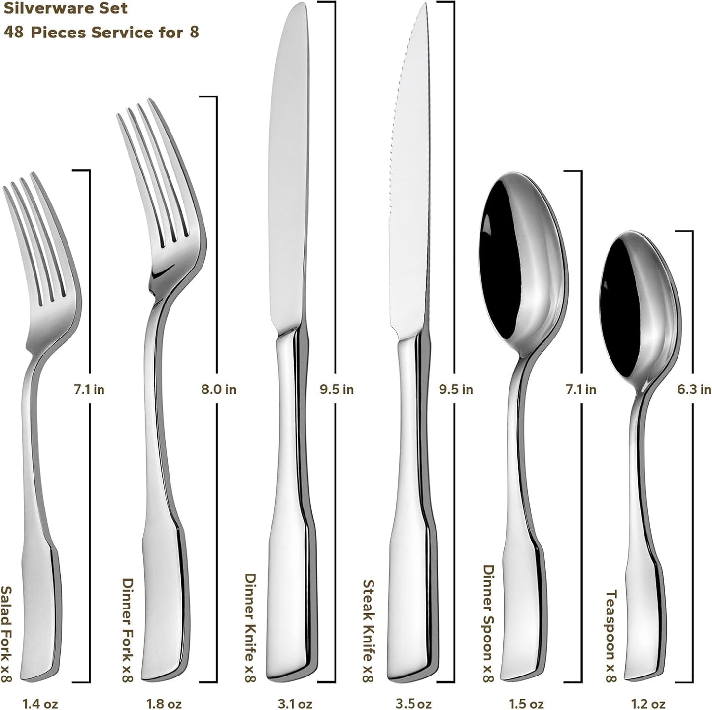 Alata Kate 48-Piece Silverware Set with steak knife Service for 8, Stainless Steel Flatware Set, Mirror Polished Cutlery Set Dishwasher Safe