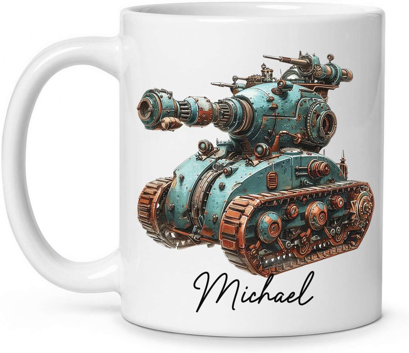 Personalized Unique Steampunk Tank Design Mug, Custom Mechanical Tank Art Coffee Cup 11oz, White Mug Gift For Mechanic Enthusiasts, Custom Name Ceramic Cup 11oz Or 15oz, Kids Mug