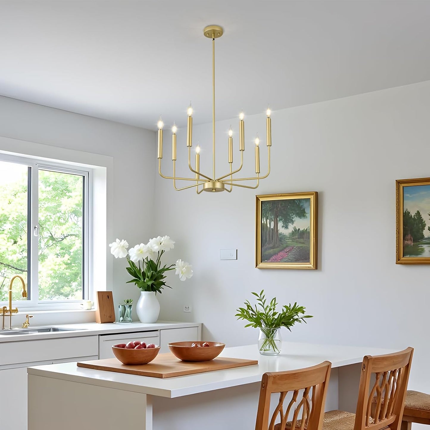 Modern Gold Farmhouse Chandeliers, 8-Light Industrial Metal Chandelier Lighting, Classic Candle Hanging Pendant Light Fixtures for Kitchen Bedroom, Dining Room, Living Room,Foyer