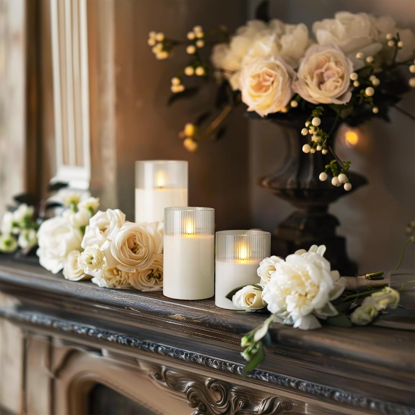 Amagic Glass Flameless Candles with Remote, Battery Operated Candles with Timer, Real Wax LED Pillar Candles with Flickering Flame for Home Wedding Fall Decor, White, Set of 3