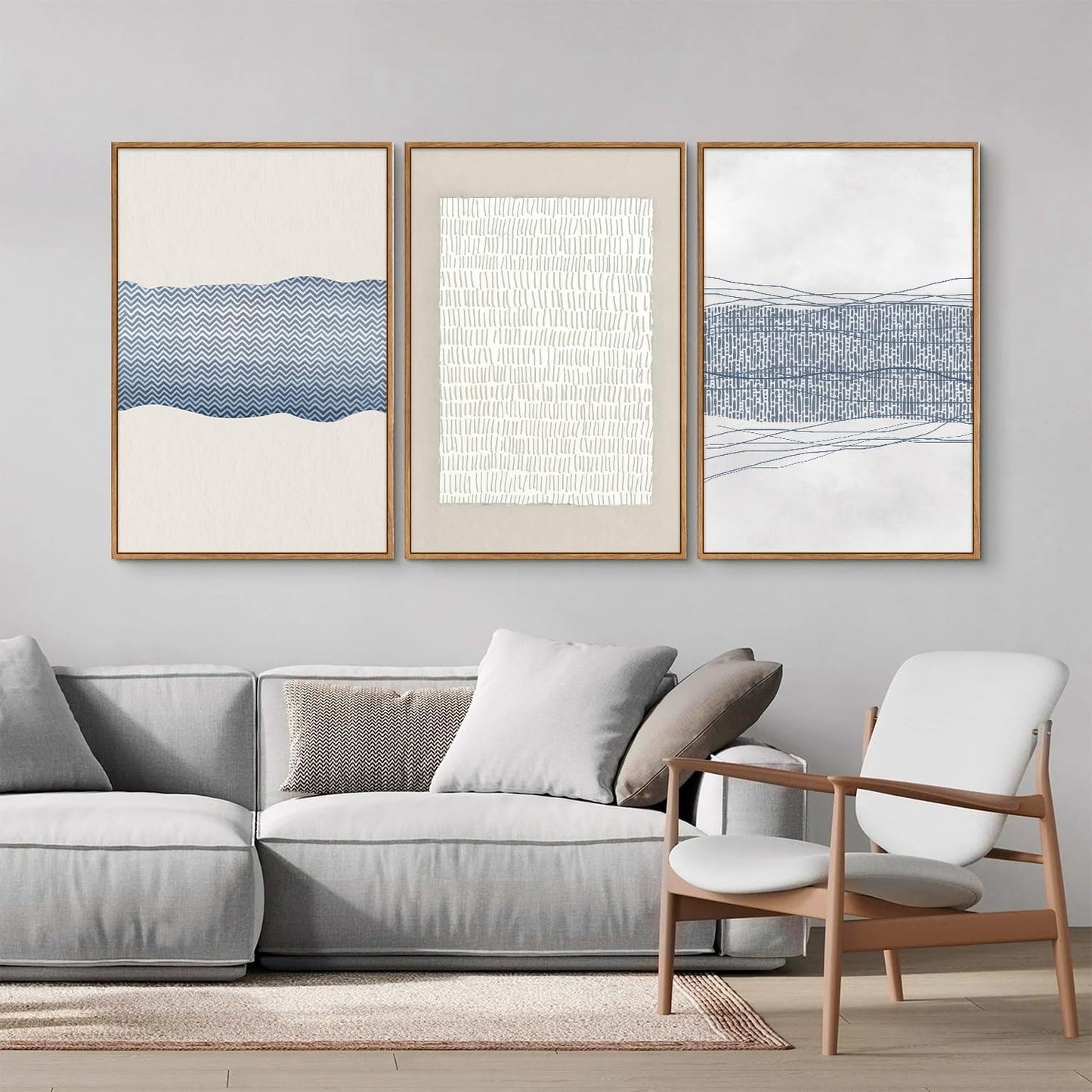 SIGNINART Large Abstract Framed Canvas Wall Art Set of 3, Minimalist Boho Line Art Prints, Modern Neutral Aesthetic Wall Decor, Blue and White Art Paintings for Living Room, Bedroom, Office 16"x24"