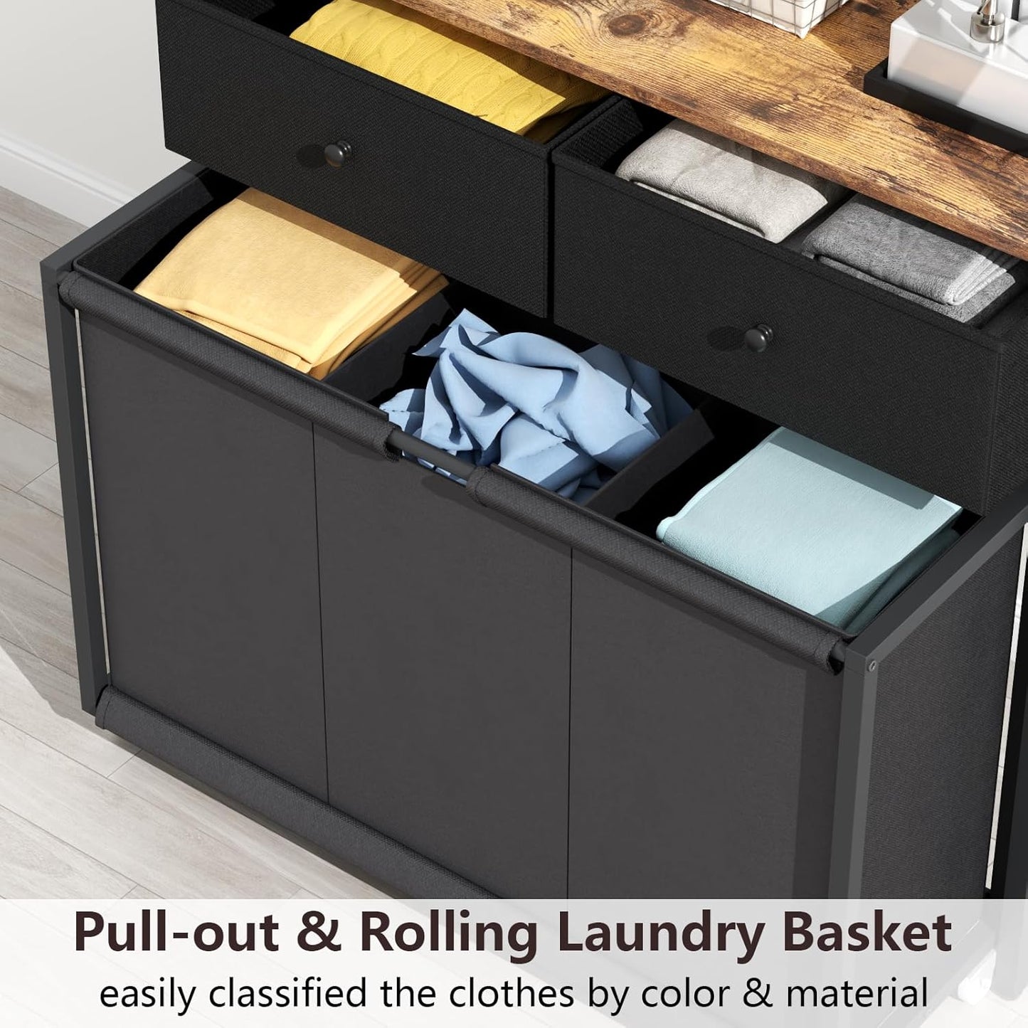 Laundry Hamper Laundry Basket with 3 Section Pull-Out Rolling Bags & 2-Tier Storage Shelf, Laundry Sorter for Organization and Storage with 2 Drawers for Laundry Room, Bathroom