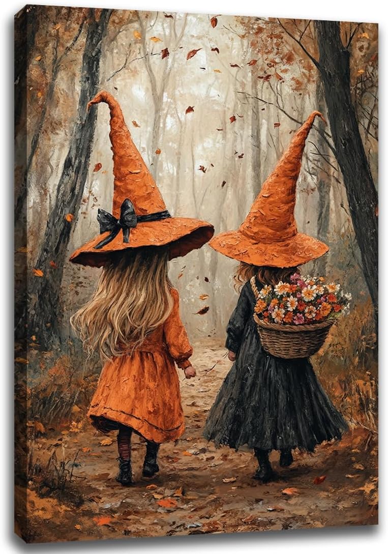 Fall Wall Art Witch Picture Decor,Little Girl Witch Halloween Wall Art, Vintage Autumn Whimsical Woodland Forest Picture, Family Room Nursery Playroom Children Room Decoration,16"x24" Framed