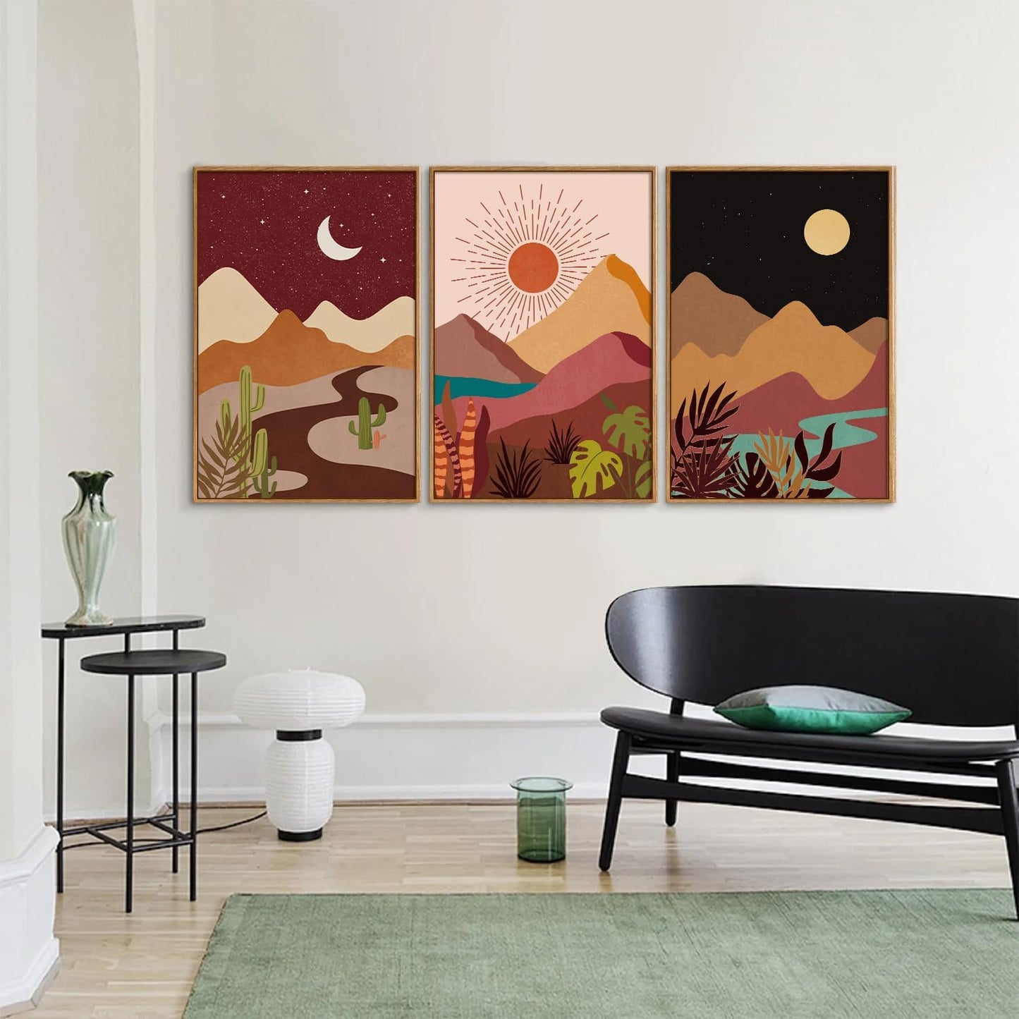 SIGNINART Boho Desert Framed Canvas Wall Art Set of 3, Colorful Sun and Moon Art Prints, Bohemian Modern Cactus Art Paintings, Southwestern Landscape Wall Decor for Living Room, Bedroom, Office 16"x24"